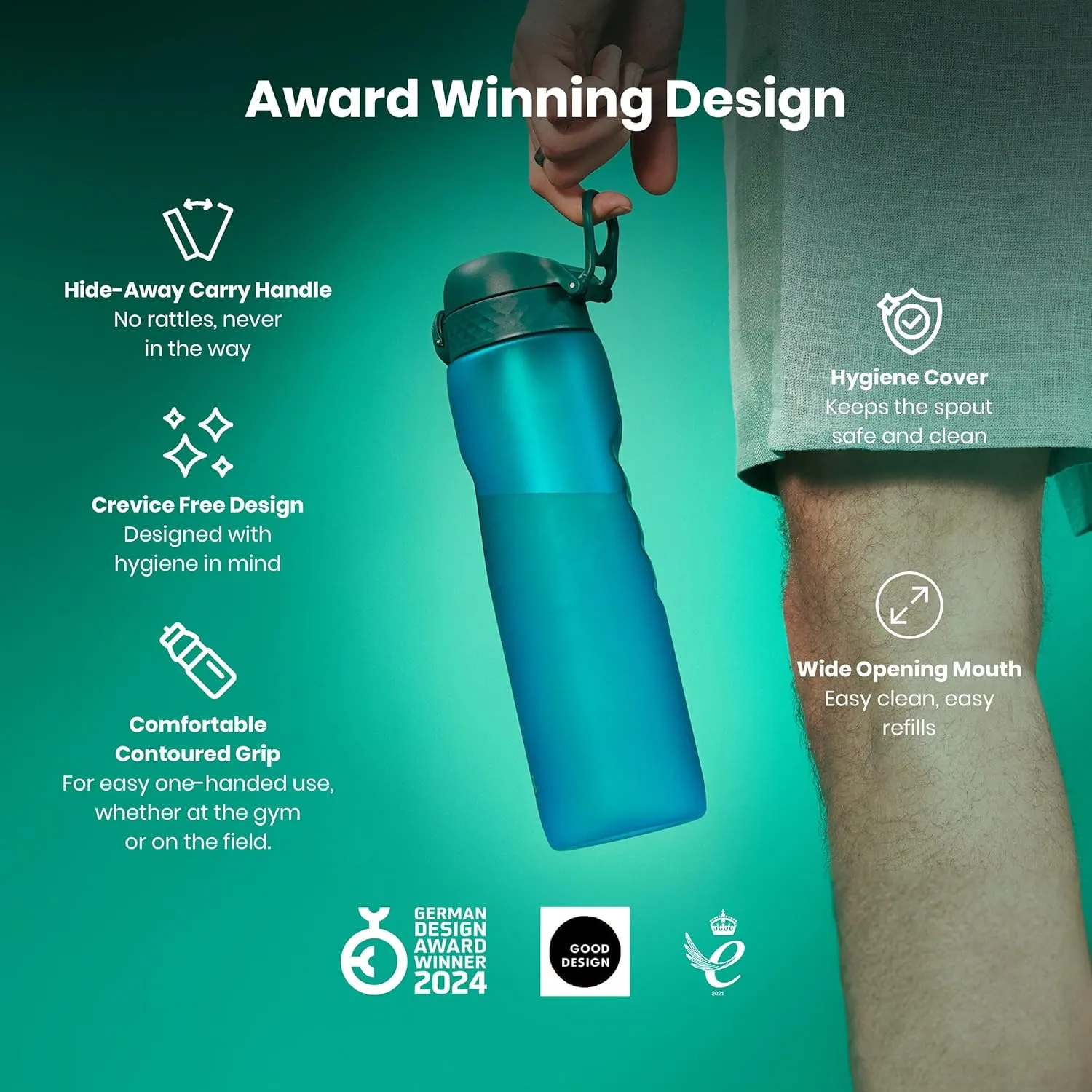 Ion8 1 Litre Water Bottle, Leak Proof, Flip Lid, Carry Handle, Rapid Liquid Flow, Dishwasher Safe, BPA Free, Soft Touch Contoured Grip, Ideal for Sports and Gym, Carbon Neutral Recyclon