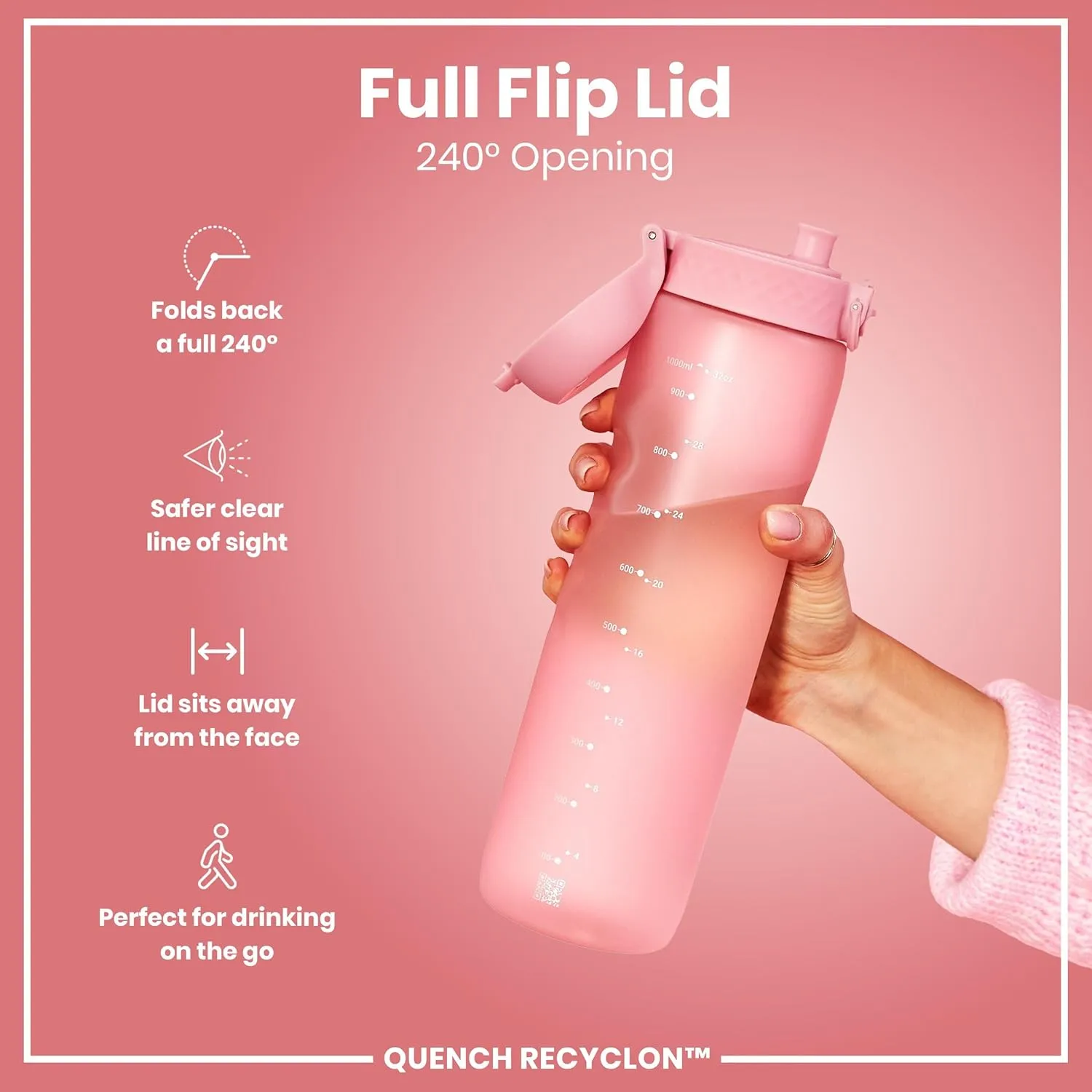 Ion8 1 Litre Water Bottle, Leak Proof, Flip Lid, Carry Handle, Rapid Liquid Flow, Dishwasher Safe, BPA Free, Soft Touch Contoured Grip, Ideal for Sports and Gym, Carbon Neutral Recyclon
