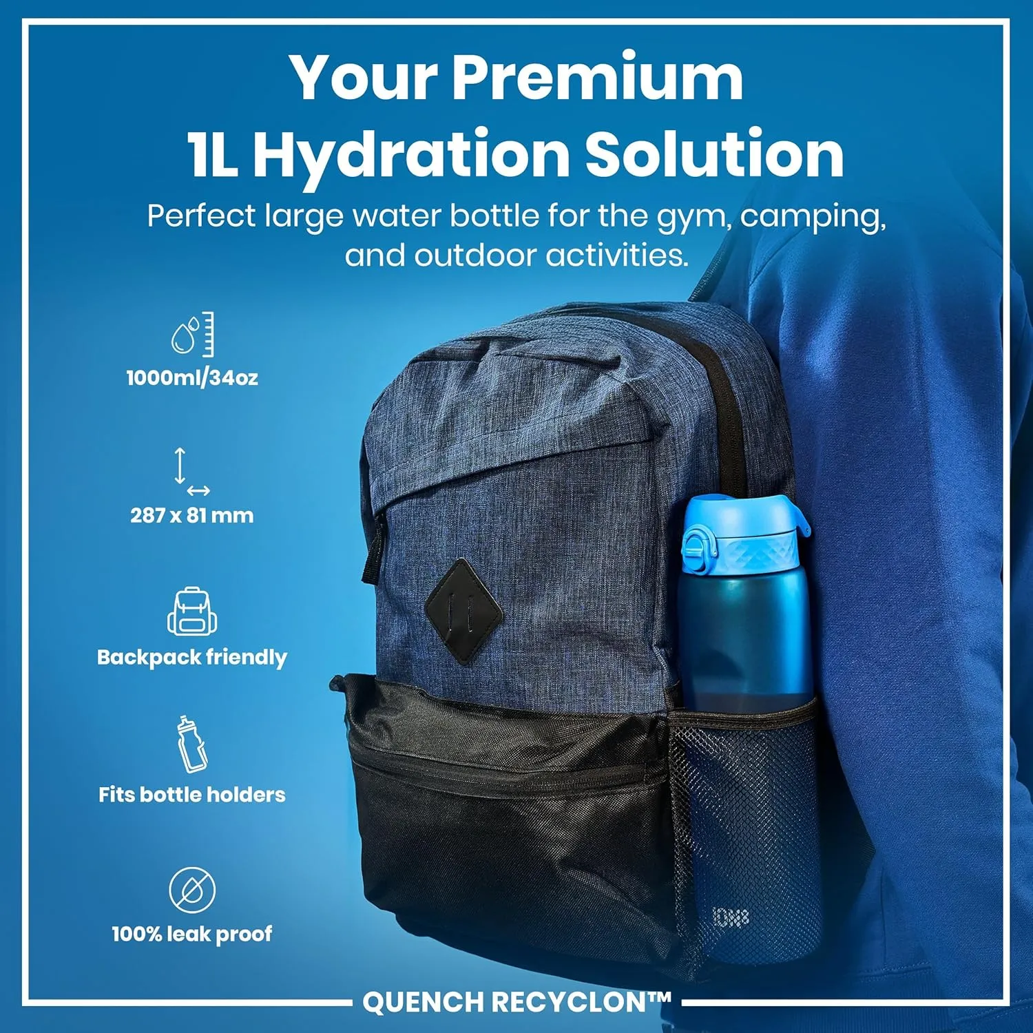 Ion8 1 Litre Water Bottle, Leak Proof, Flip Lid, Carry Handle, Rapid Liquid Flow, Dishwasher Safe, BPA Free, Soft Touch Contoured Grip, Ideal for Sports and Gym, Carbon Neutral Recyclon