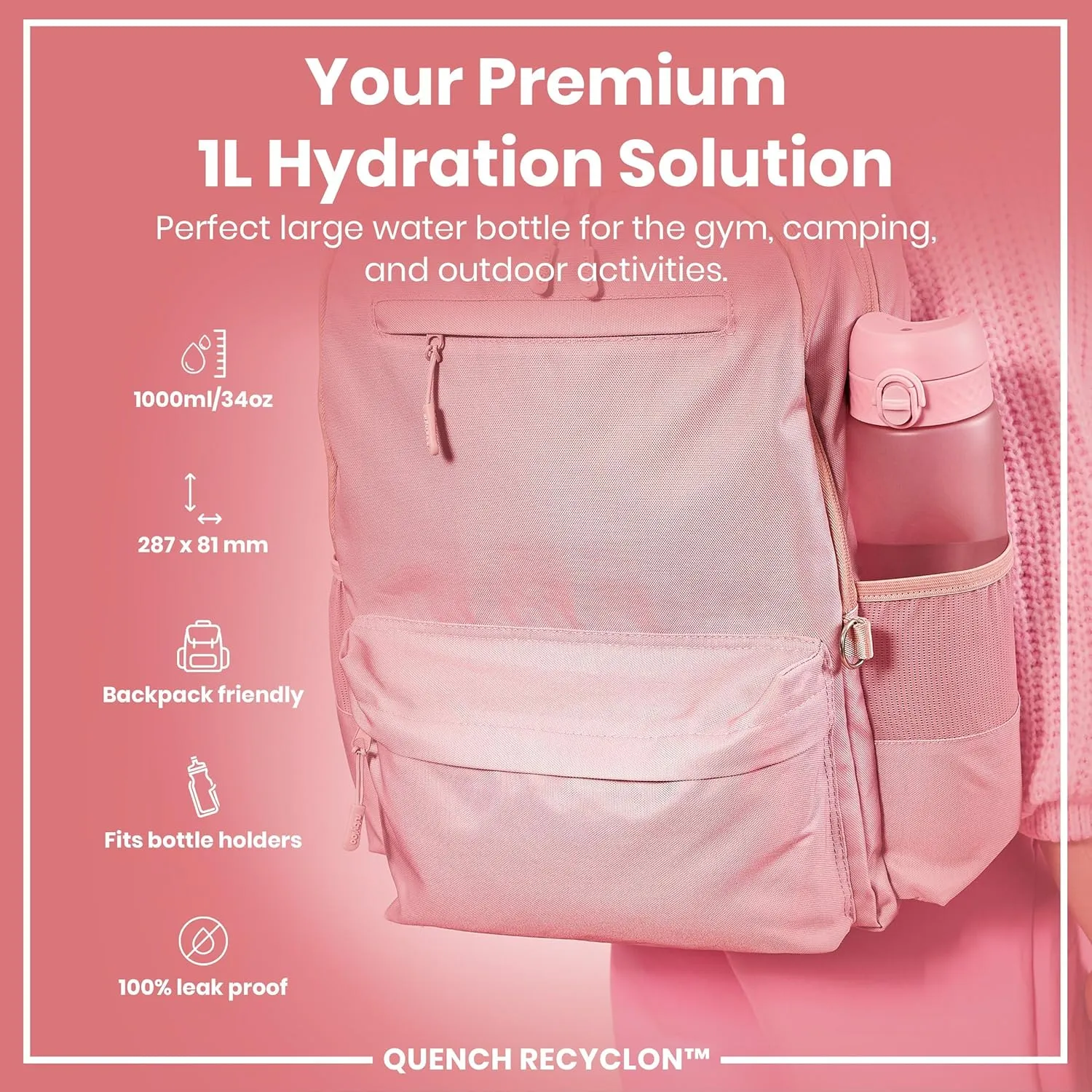 Ion8 1 Litre Water Bottle, Leak Proof, Flip Lid, Carry Handle, Rapid Liquid Flow, Dishwasher Safe, BPA Free, Soft Touch Contoured Grip, Ideal for Sports and Gym, Carbon Neutral Recyclon