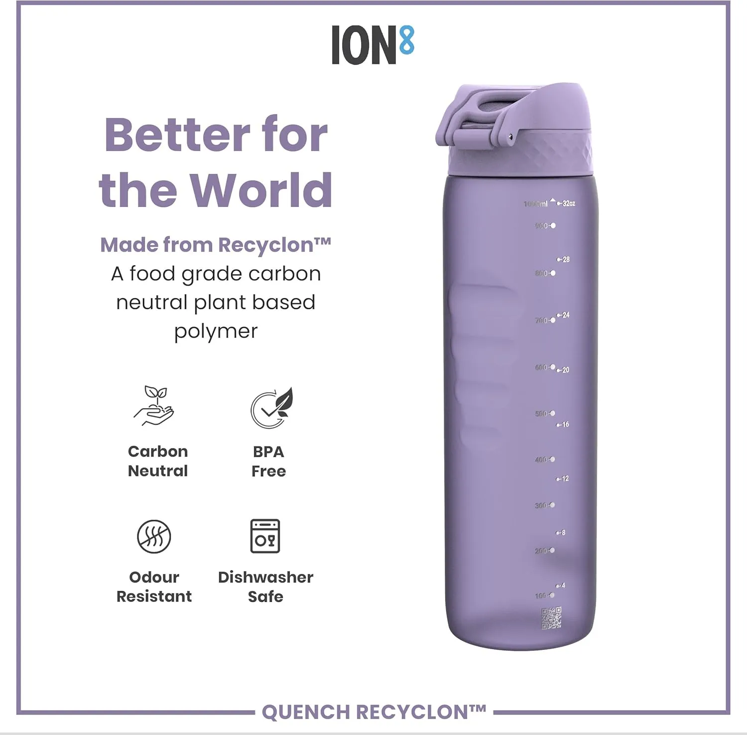 Ion8 1 Litre Water Bottle, Leak Proof, Flip Lid, Carry Handle, Rapid Liquid Flow, Dishwasher Safe, BPA Free, Soft Touch Contoured Grip, Ideal for Sports and Gym, Carbon Neutral Recyclon