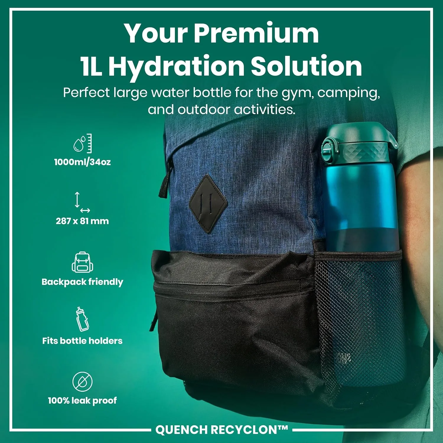 Ion8 1 Litre Water Bottle, Leak Proof, Flip Lid, Carry Handle, Rapid Liquid Flow, Dishwasher Safe, BPA Free, Soft Touch Contoured Grip, Ideal for Sports and Gym, Carbon Neutral Recyclon