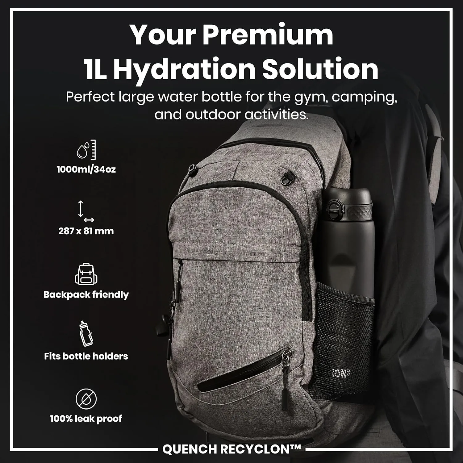 Ion8 1 Litre Water Bottle, Leak Proof, Flip Lid, Carry Handle, Rapid Liquid Flow, Dishwasher Safe, BPA Free, Soft Touch Contoured Grip, Ideal for Sports and Gym, Carbon Neutral Recyclon