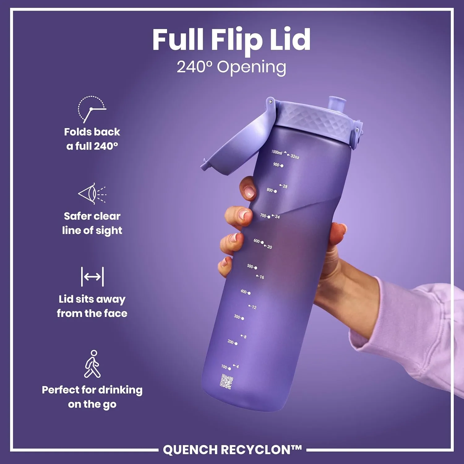 Ion8 1 Litre Water Bottle, Leak Proof, Flip Lid, Carry Handle, Rapid Liquid Flow, Dishwasher Safe, BPA Free, Soft Touch Contoured Grip, Ideal for Sports and Gym, Carbon Neutral Recyclon