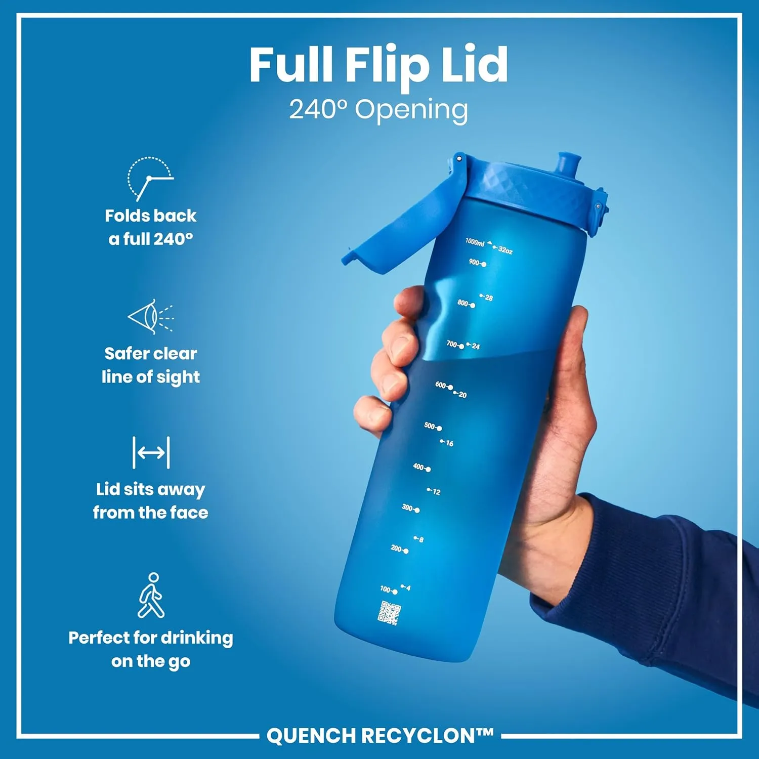 Ion8 1 Litre Water Bottle, Leak Proof, Flip Lid, Carry Handle, Rapid Liquid Flow, Dishwasher Safe, BPA Free, Soft Touch Contoured Grip, Ideal for Sports and Gym, Carbon Neutral Recyclon