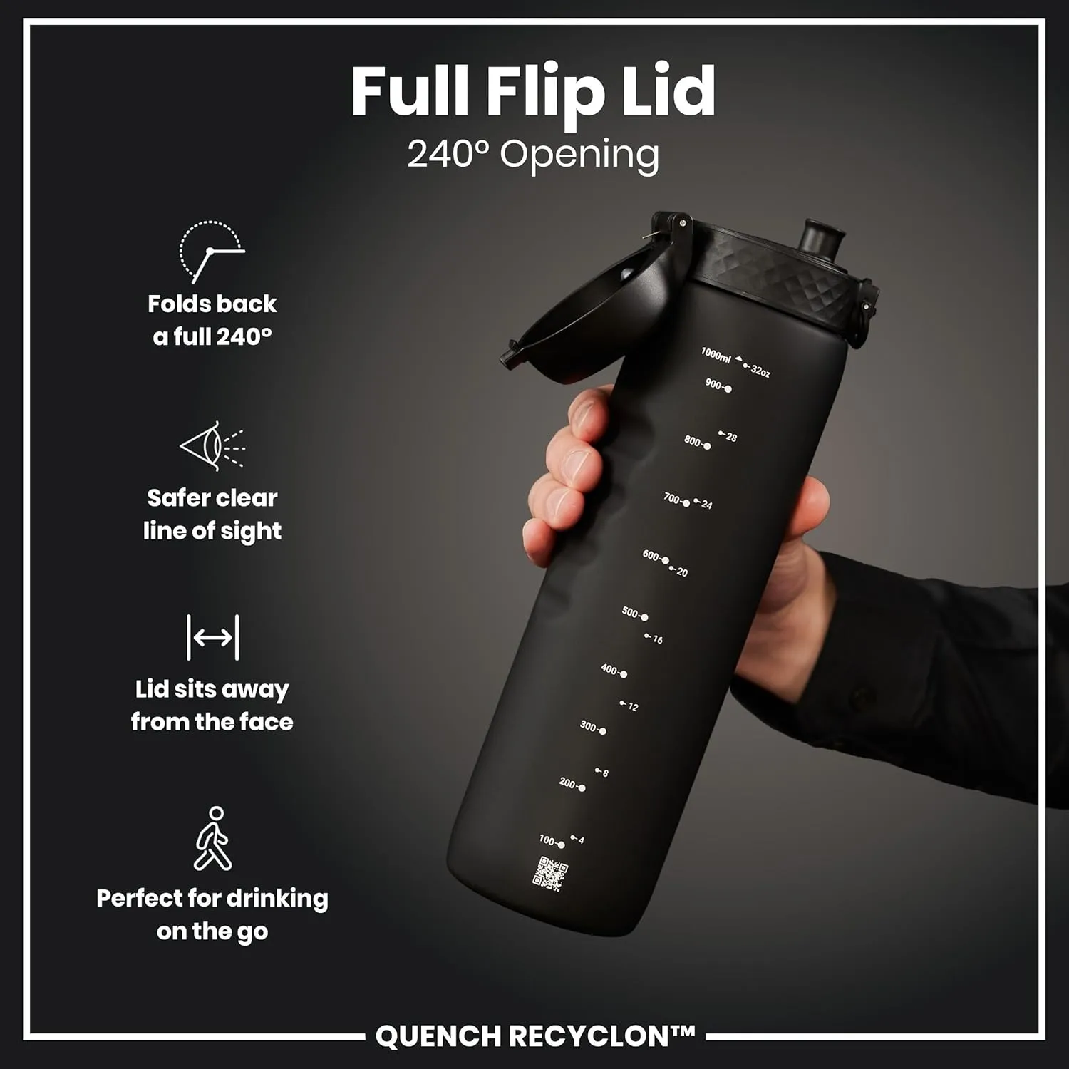 Ion8 1 Litre Water Bottle, Leak Proof, Flip Lid, Carry Handle, Rapid Liquid Flow, Dishwasher Safe, BPA Free, Soft Touch Contoured Grip, Ideal for Sports and Gym, Carbon Neutral Recyclon