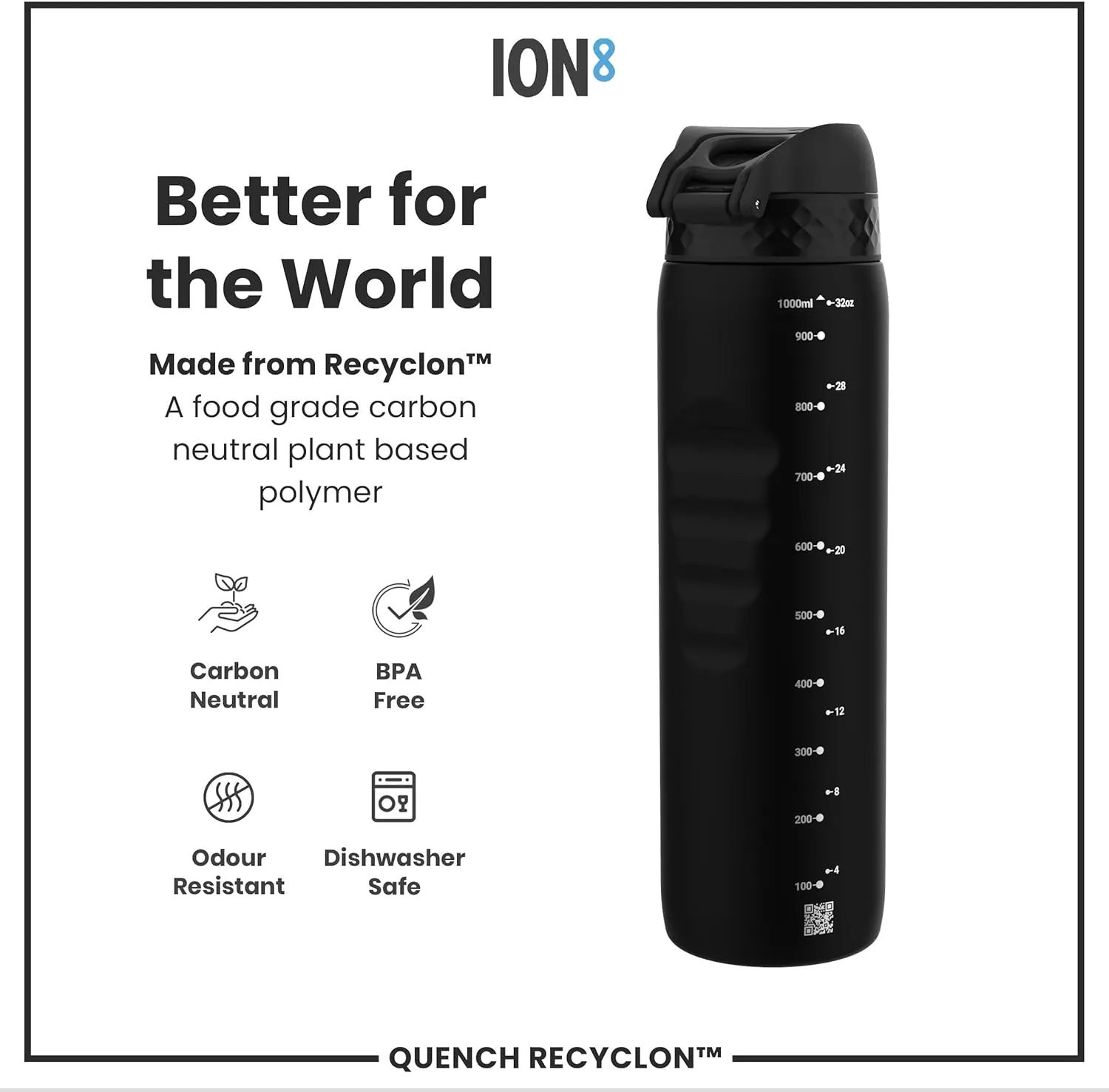 Ion8 1 Litre Water Bottle, Leak Proof, Flip Lid, Carry Handle, Rapid Liquid Flow, Dishwasher Safe, BPA Free, Soft Touch Contoured Grip, Ideal for Sports and Gym, Carbon Neutral Recyclon