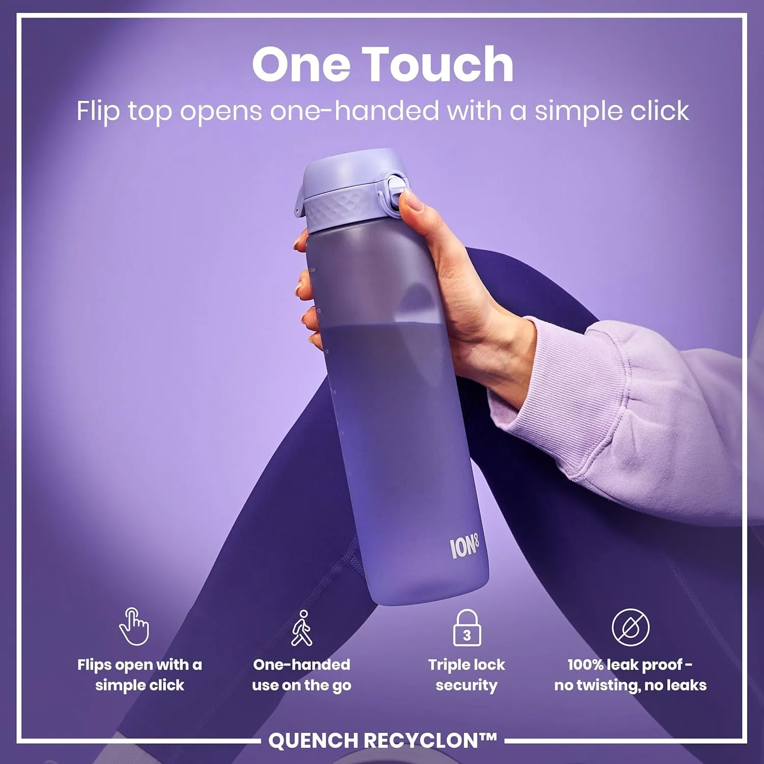 Ion8 1 Litre Water Bottle, Leak Proof, Flip Lid, Carry Handle, Rapid Liquid Flow, Dishwasher Safe, BPA Free, Soft Touch Contoured Grip, Ideal for Sports and Gym, Carbon Neutral Recyclon