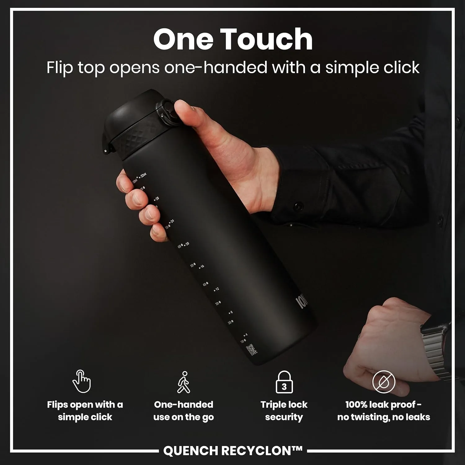 Ion8 1 Litre Water Bottle, Leak Proof, Flip Lid, Carry Handle, Rapid Liquid Flow, Dishwasher Safe, BPA Free, Soft Touch Contoured Grip, Ideal for Sports and Gym, Carbon Neutral Recyclon
