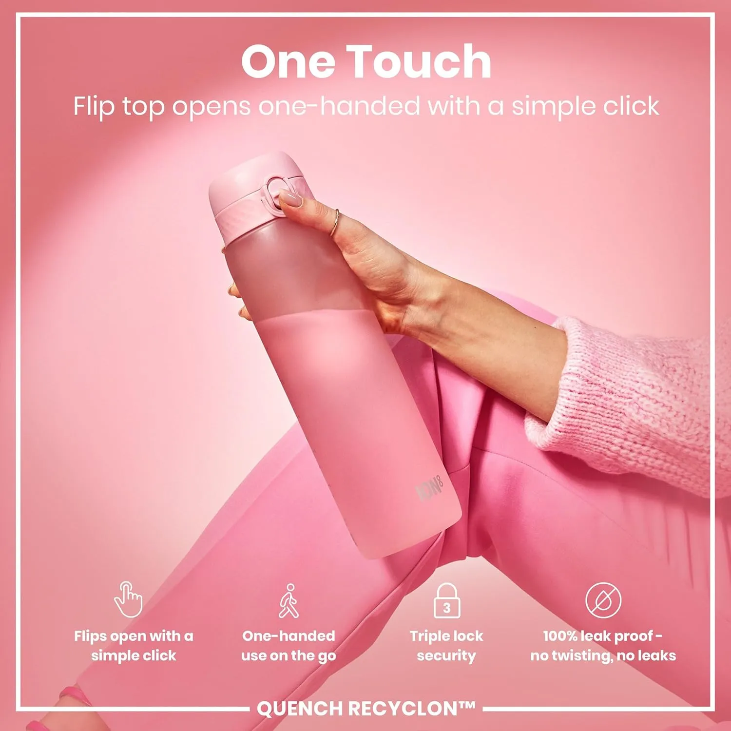 Ion8 1 Litre Water Bottle, Leak Proof, Flip Lid, Carry Handle, Rapid Liquid Flow, Dishwasher Safe, BPA Free, Soft Touch Contoured Grip, Ideal for Sports and Gym, Carbon Neutral Recyclon