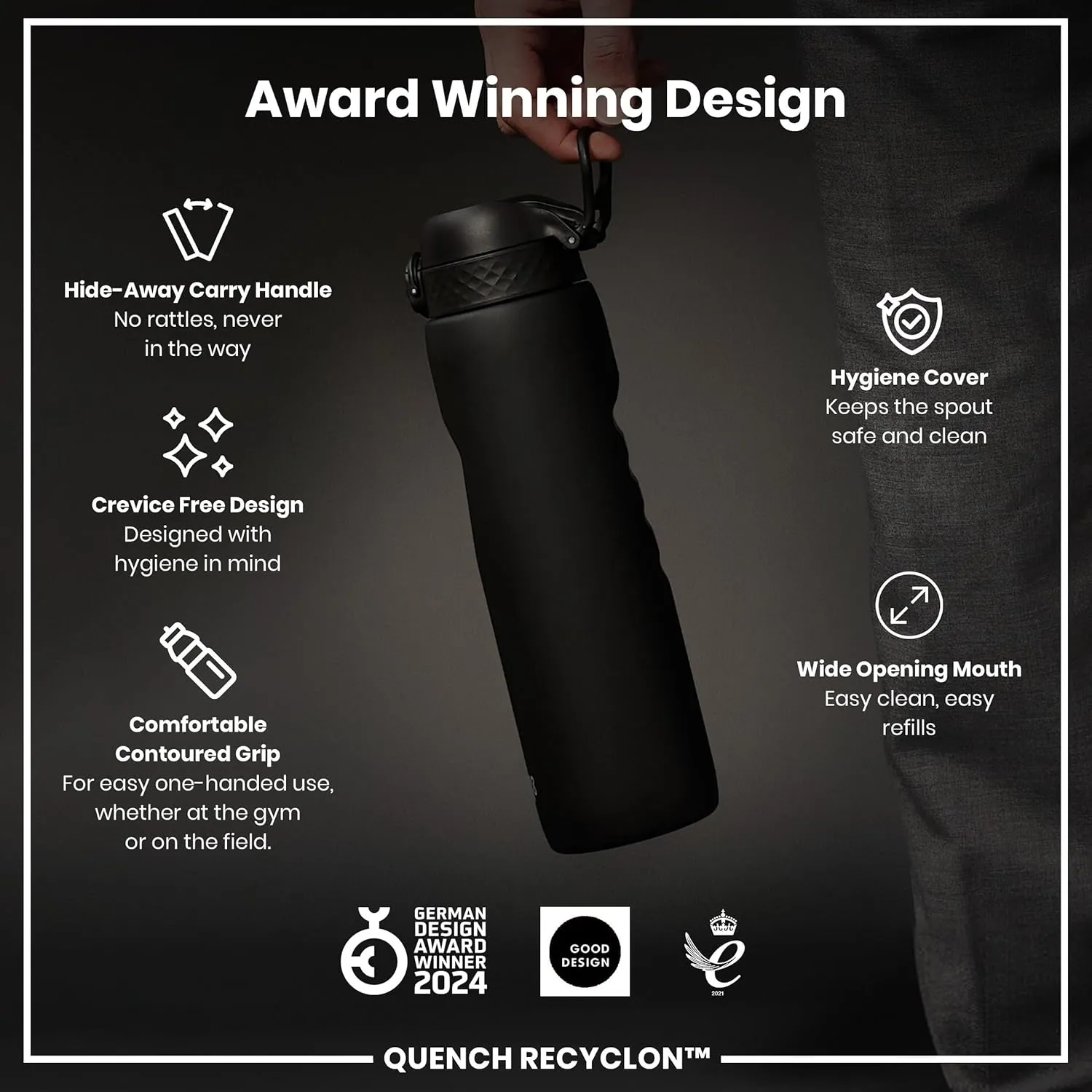 Ion8 1 Litre Water Bottle, Leak Proof, Flip Lid, Carry Handle, Rapid Liquid Flow, Dishwasher Safe, BPA Free, Soft Touch Contoured Grip, Ideal for Sports and Gym, Carbon Neutral Recyclon