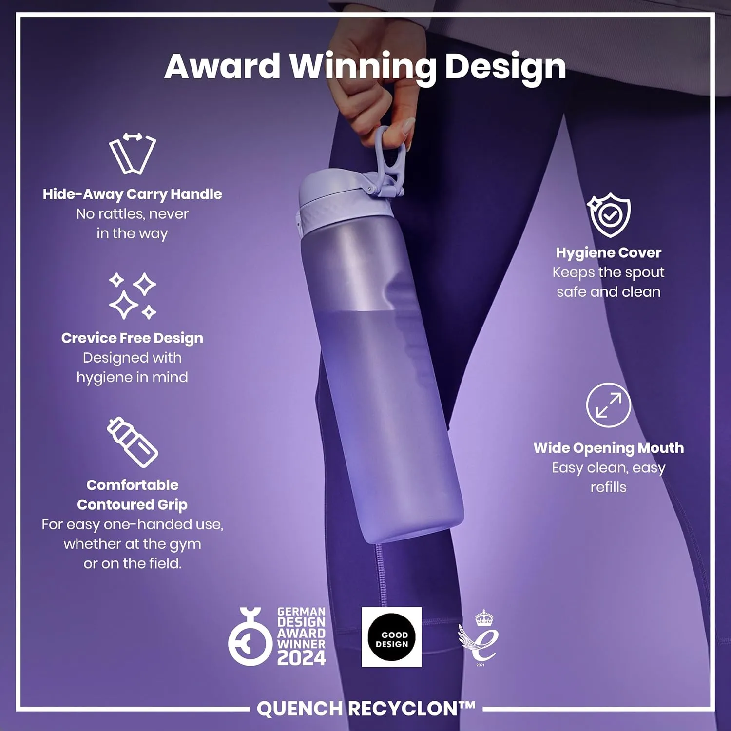 Ion8 1 Litre Water Bottle, Leak Proof, Flip Lid, Carry Handle, Rapid Liquid Flow, Dishwasher Safe, BPA Free, Soft Touch Contoured Grip, Ideal for Sports and Gym, Carbon Neutral Recyclon