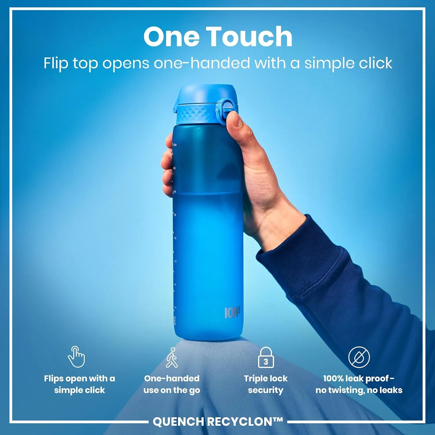 Ion8 1 Litre Water Bottle, Leak Proof, Flip Lid, Carry Handle, Rapid Liquid Flow, Dishwasher Safe, BPA Free, Soft Touch Contoured Grip, Ideal for Sports and Gym, Carbon Neutral Recyclon