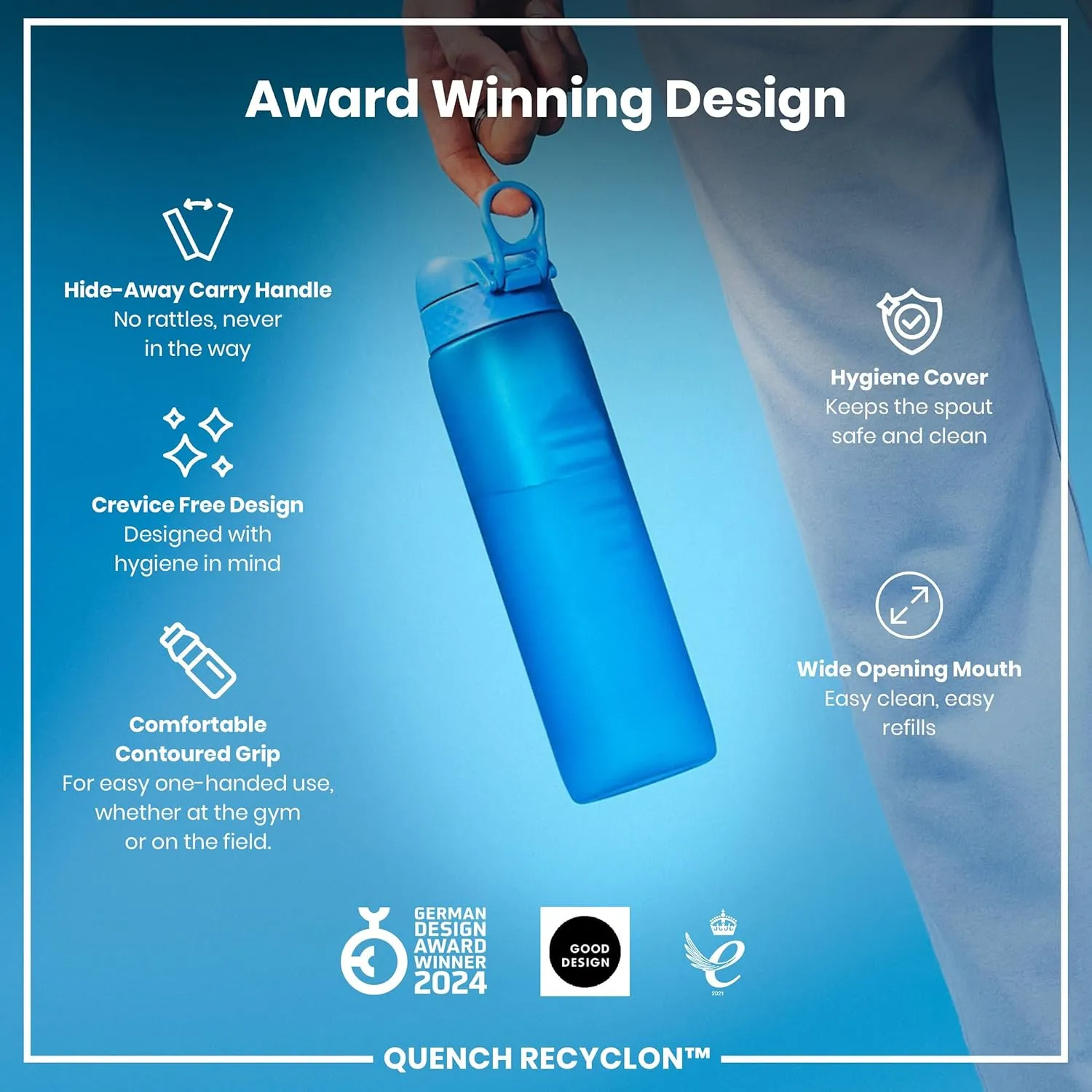 Ion8 1 Litre Water Bottle, Leak Proof, Flip Lid, Carry Handle, Rapid Liquid Flow, Dishwasher Safe, BPA Free, Soft Touch Contoured Grip, Ideal for Sports and Gym, Carbon Neutral Recyclon