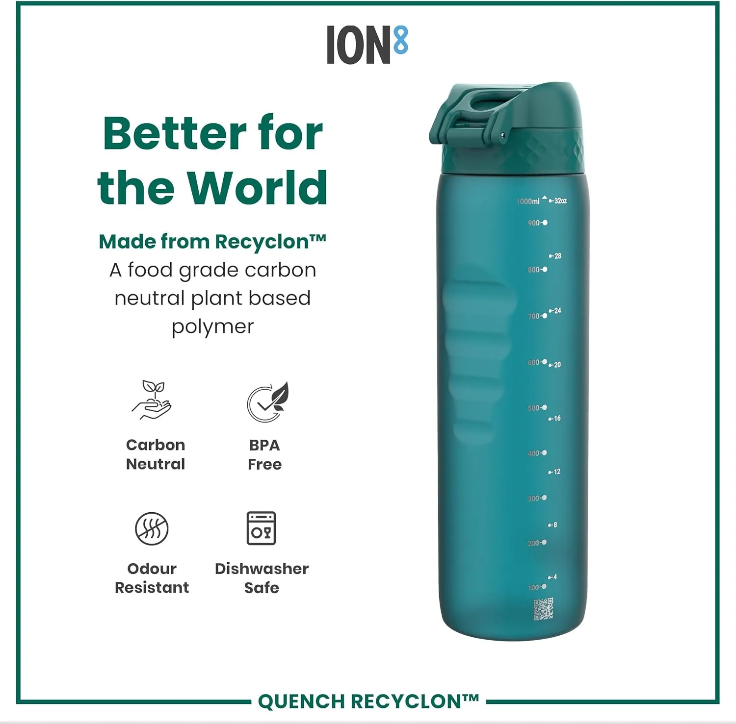 Ion8 1 Litre Water Bottle, Leak Proof, Flip Lid, Carry Handle, Rapid Liquid Flow, Dishwasher Safe, BPA Free, Soft Touch Contoured Grip, Ideal for Sports and Gym, Carbon Neutral Recyclon