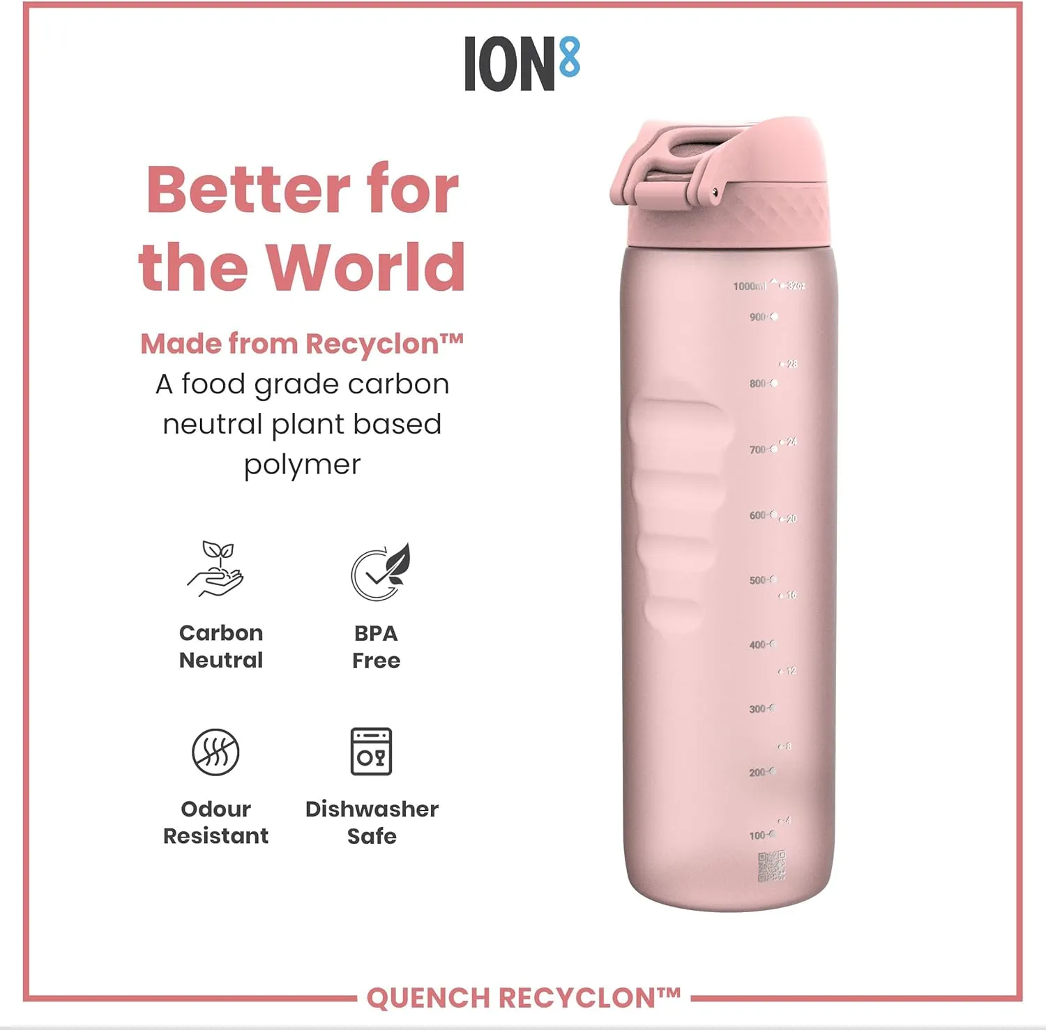 Ion8 1 Litre Water Bottle, Leak Proof, Flip Lid, Carry Handle, Rapid Liquid Flow, Dishwasher Safe, BPA Free, Soft Touch Contoured Grip, Ideal for Sports and Gym, Carbon Neutral Recyclon