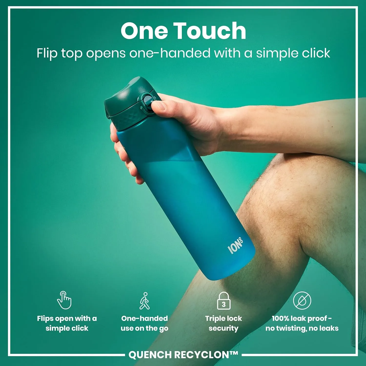Ion8 1 Litre Water Bottle, Leak Proof, Flip Lid, Carry Handle, Rapid Liquid Flow, Dishwasher Safe, BPA Free, Soft Touch Contoured Grip, Ideal for Sports and Gym, Carbon Neutral Recyclon