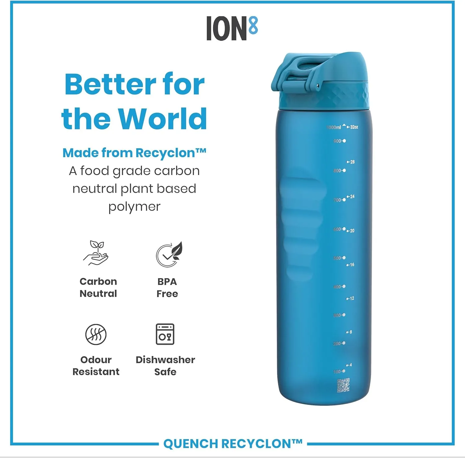 Ion8 1 Litre Water Bottle, Leak Proof, Flip Lid, Carry Handle, Rapid Liquid Flow, Dishwasher Safe, BPA Free, Soft Touch Contoured Grip, Ideal for Sports and Gym, Carbon Neutral Recyclon