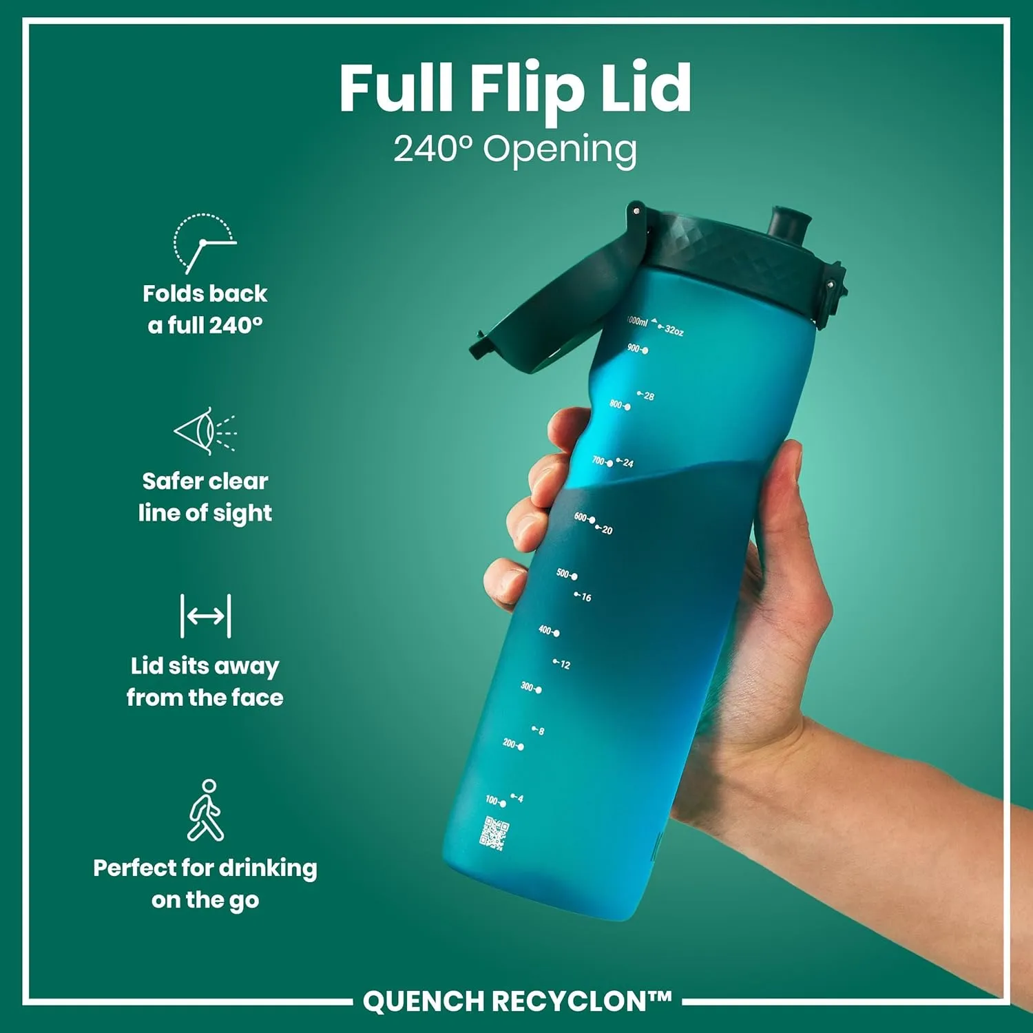 Ion8 1 Litre Water Bottle, Leak Proof, Flip Lid, Carry Handle, Rapid Liquid Flow, Dishwasher Safe, BPA Free, Soft Touch Contoured Grip, Ideal for Sports and Gym, Carbon Neutral Recyclon