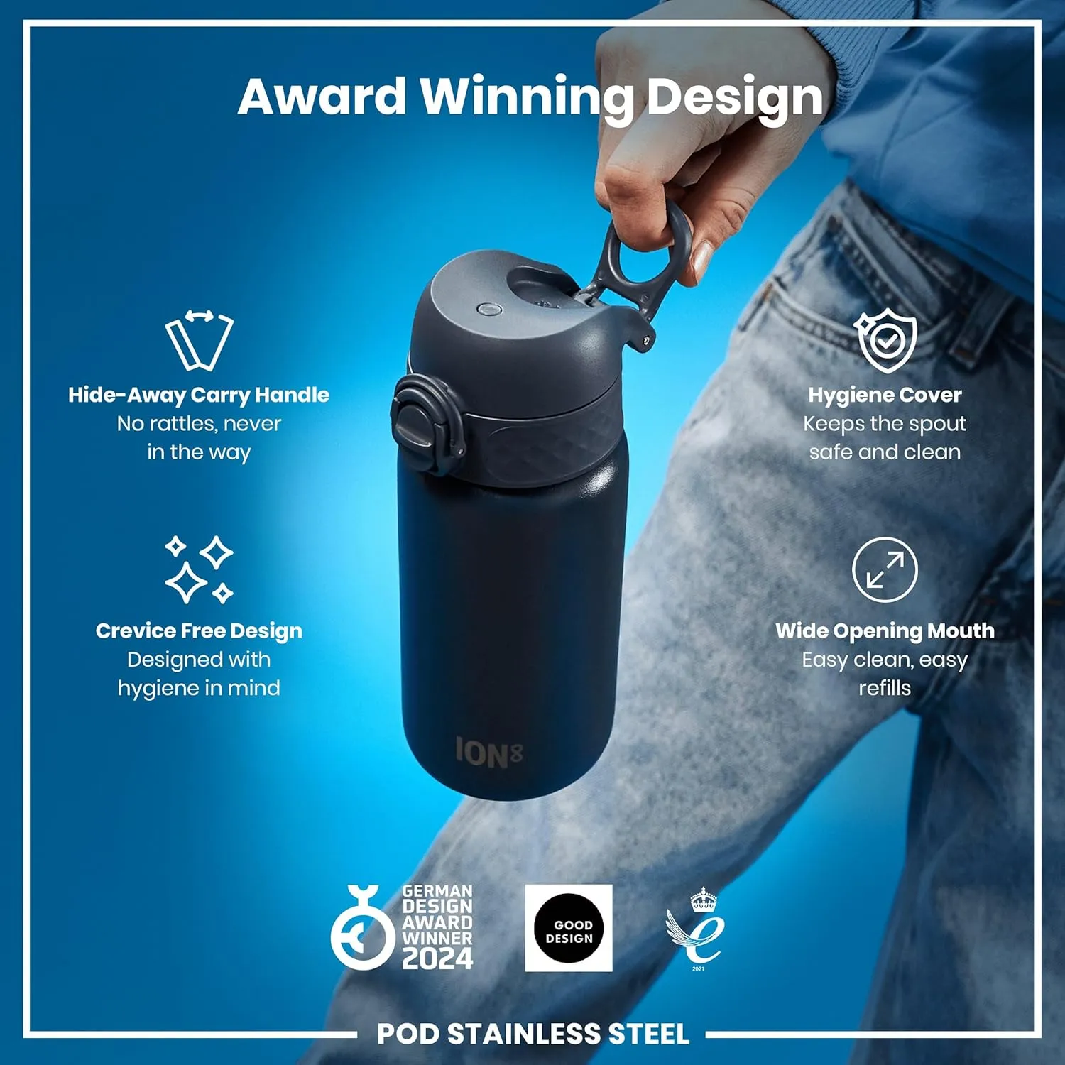 ION8 Kids Water Bottle, Steel 400 ml/13 oz, Leak Proof, Easy to Open, Secure Lock, Dishwasher Safe, Hygienic Flip Cover, Carry Handle, Easy Clean, Durable, Scratch Resistant, Carbon Neutral, Navy Blue