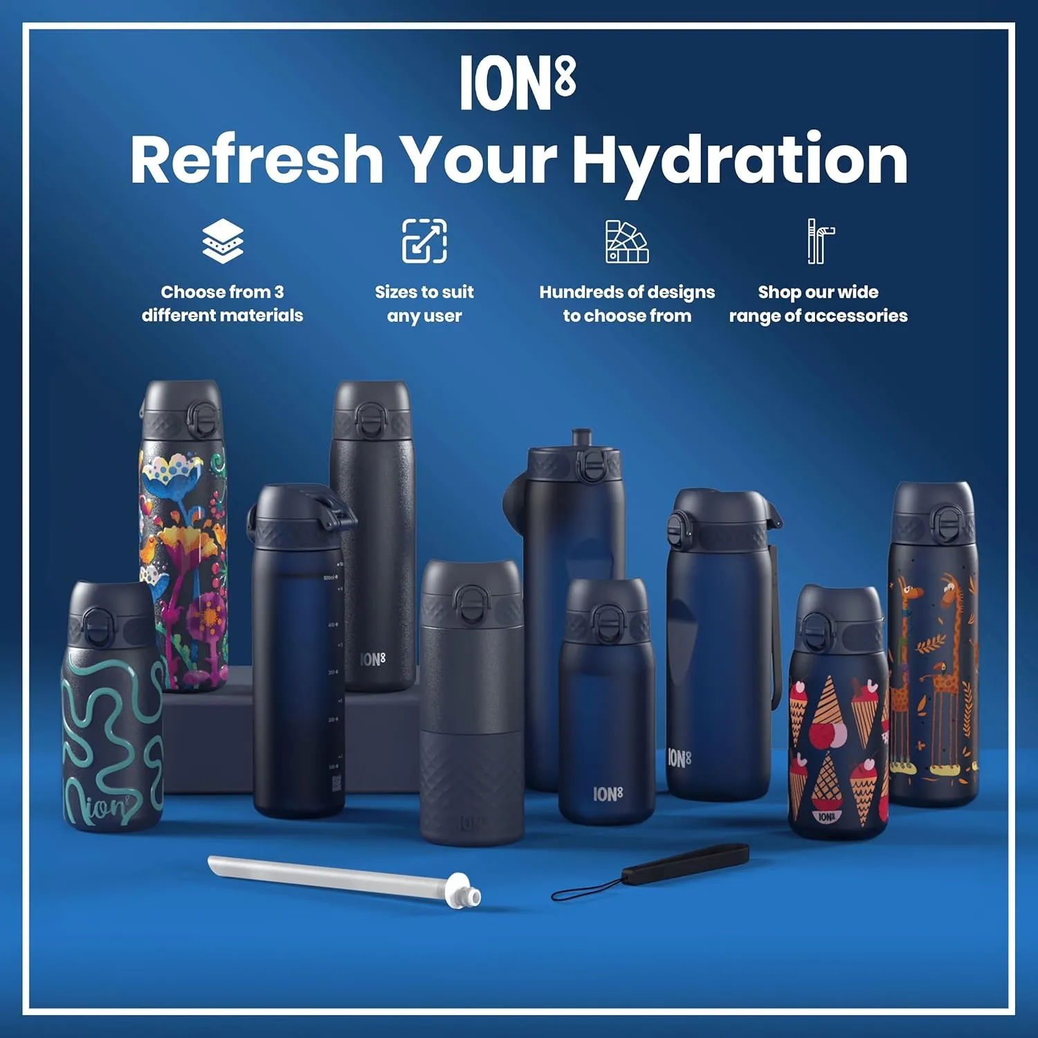 ION8 Kids Water Bottle, Steel 400 ml/13 oz, Leak Proof, Easy to Open, Secure Lock, Dishwasher Safe, Hygienic Flip Cover, Carry Handle, Easy Clean, Durable, Scratch Resistant, Carbon Neutral, Navy Blue