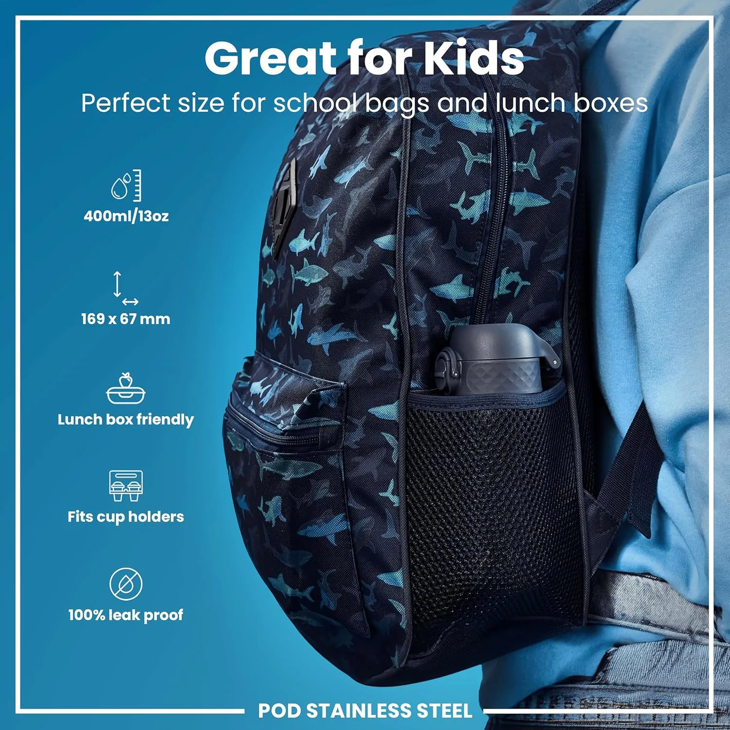 ION8 Kids Water Bottle, Steel 400 ml/13 oz, Leak Proof, Easy to Open, Secure Lock, Dishwasher Safe, Hygienic Flip Cover, Carry Handle, Easy Clean, Durable, Scratch Resistant, Carbon Neutral, Navy Blue