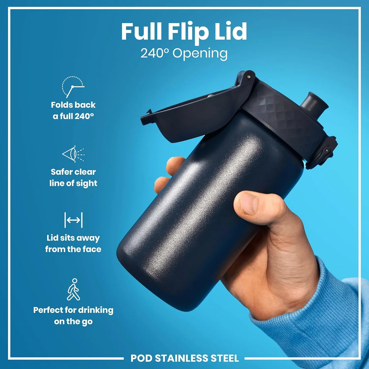 ION8 Kids Water Bottle, Steel 400 ml/13 oz, Leak Proof, Easy to Open, Secure Lock, Dishwasher Safe, Hygienic Flip Cover, Carry Handle, Easy Clean, Durable, Scratch Resistant, Carbon Neutral, Navy Blue