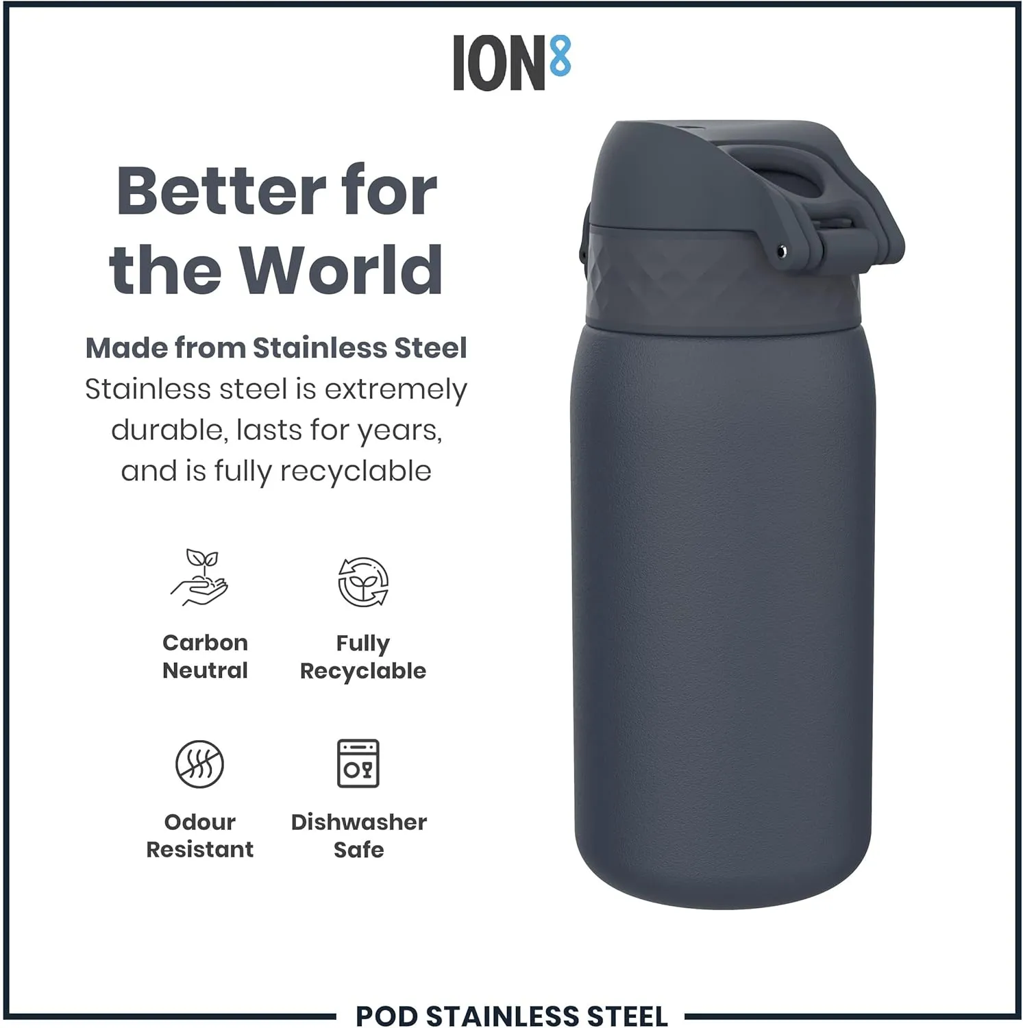 ION8 Kids Water Bottle, Steel 400 ml/13 oz, Leak Proof, Easy to Open, Secure Lock, Dishwasher Safe, Hygienic Flip Cover, Carry Handle, Easy Clean, Durable, Scratch Resistant, Carbon Neutral, Navy Blue