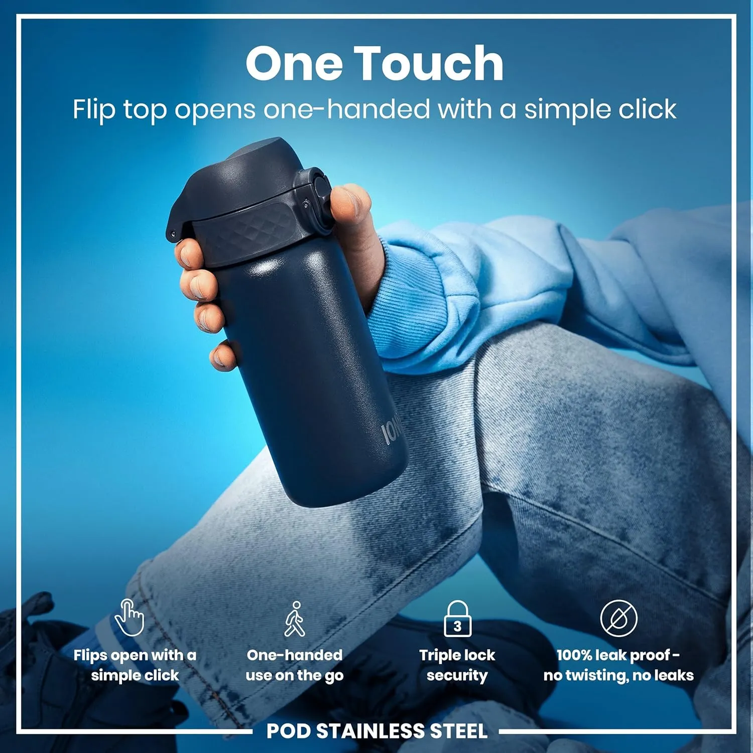 ION8 Kids Water Bottle, Steel 400 ml/13 oz, Leak Proof, Easy to Open, Secure Lock, Dishwasher Safe, Hygienic Flip Cover, Carry Handle, Easy Clean, Durable, Scratch Resistant, Carbon Neutral, Navy Blue