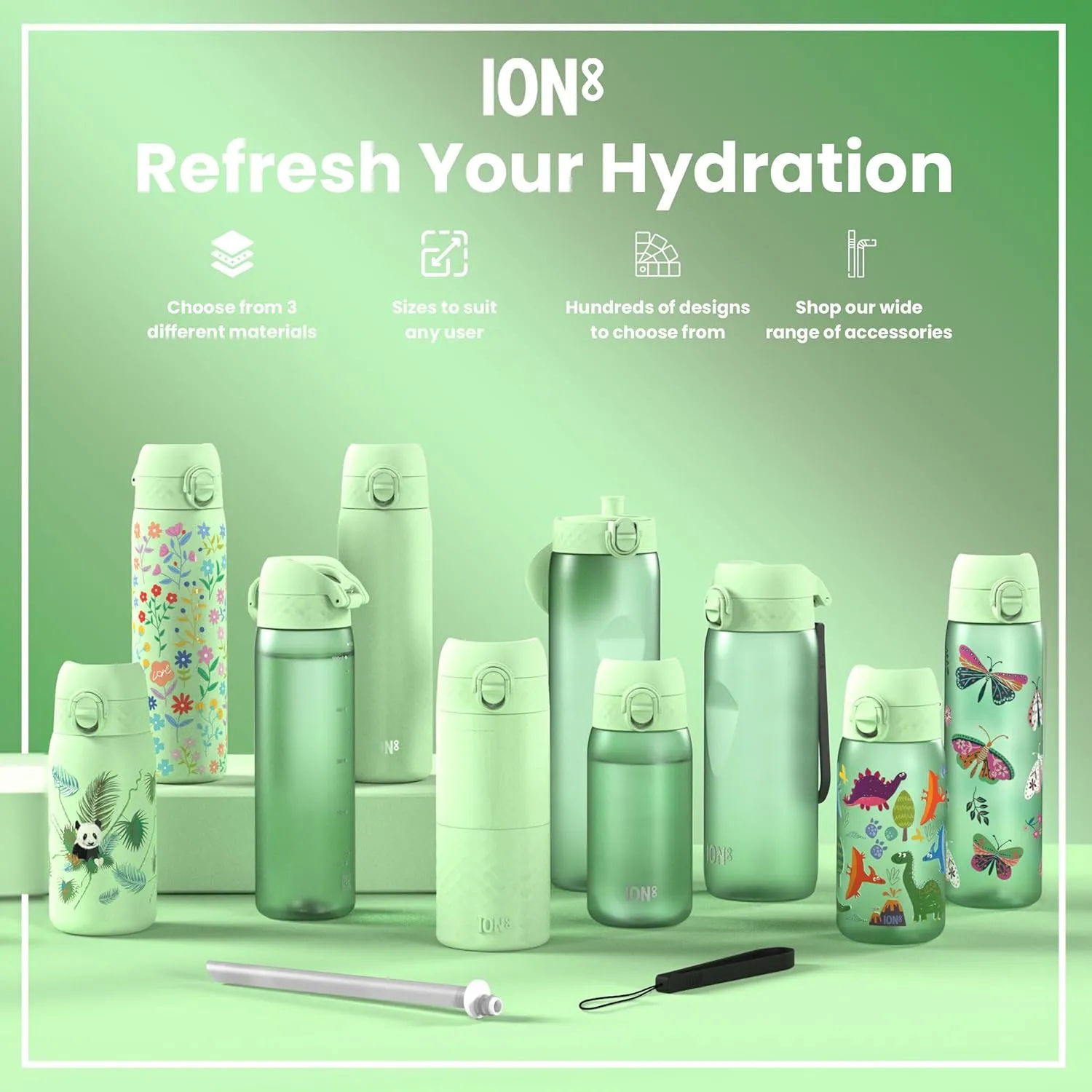 Ion8 Small Water Bottle, 350 ml/12 oz, Leak Proof, Easy to Open, Secure Lock, Dishwasher Safe, BPA Free, Carry Handle, Hygienic Flip Cover, Easy Clean, Odor Free, Carbon Neutral, Green, Pandas Design