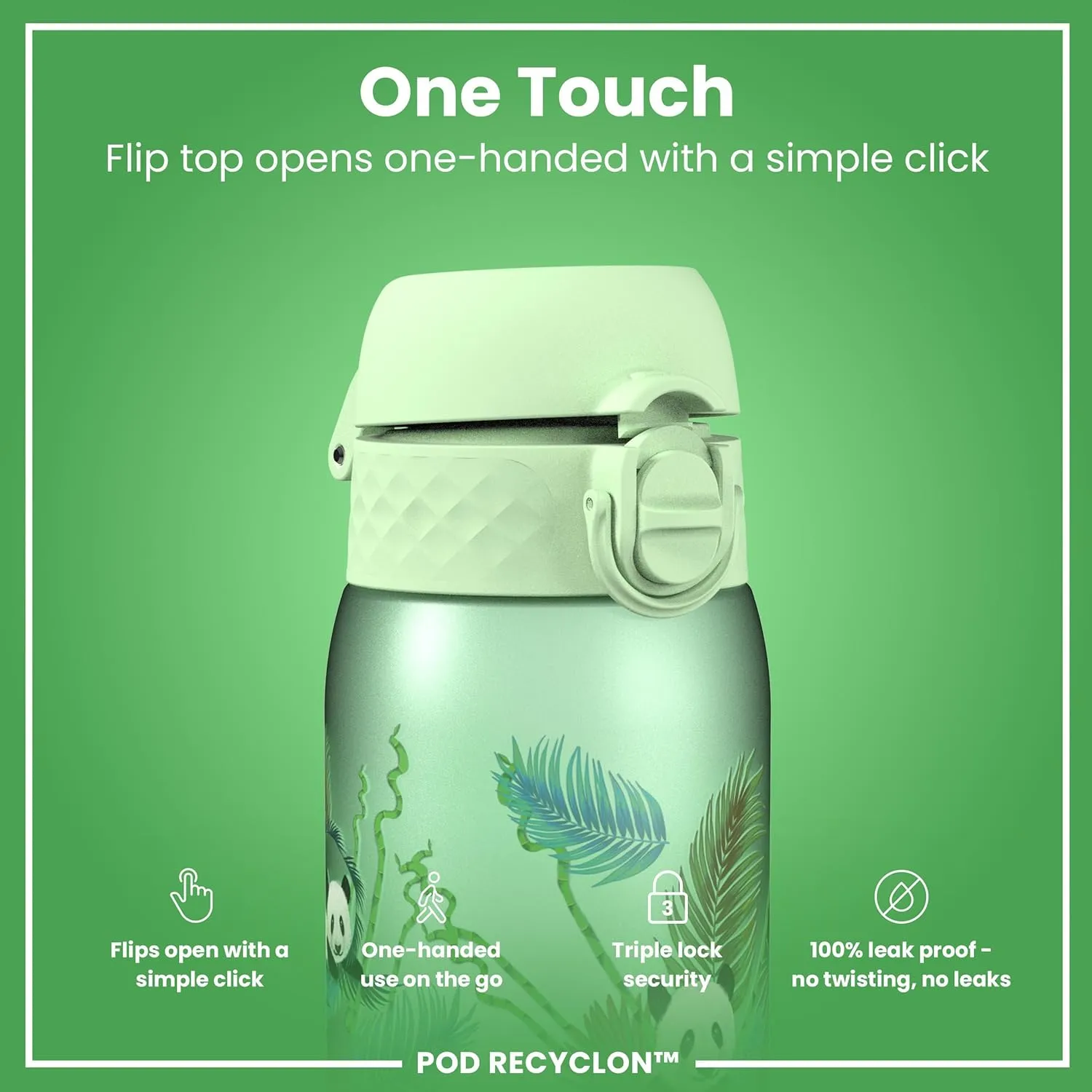 Ion8 Small Water Bottle, 350 ml/12 oz, Leak Proof, Easy to Open, Secure Lock, Dishwasher Safe, BPA Free, Carry Handle, Hygienic Flip Cover, Easy Clean, Odor Free, Carbon Neutral, Green, Pandas Design