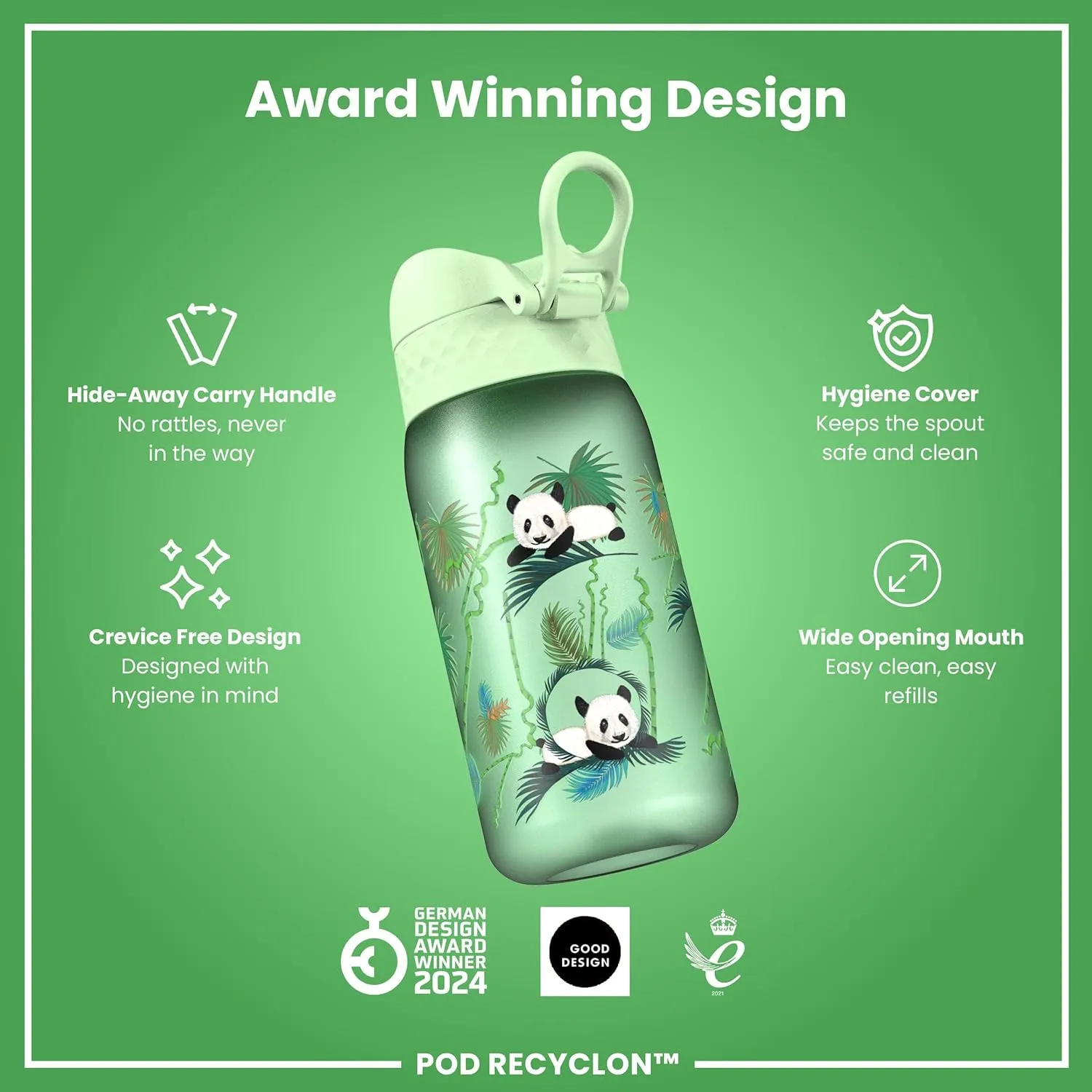 Ion8 Small Water Bottle, 350 ml/12 oz, Leak Proof, Easy to Open, Secure Lock, Dishwasher Safe, BPA Free, Carry Handle, Hygienic Flip Cover, Easy Clean, Odor Free, Carbon Neutral, Green, Pandas Design