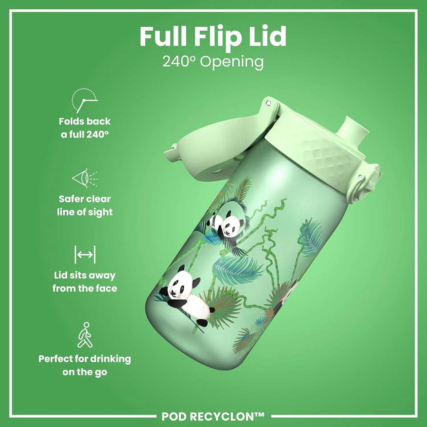 Ion8 Small Water Bottle, 350 ml/12 oz, Leak Proof, Easy to Open, Secure Lock, Dishwasher Safe, BPA Free, Carry Handle, Hygienic Flip Cover, Easy Clean, Odor Free, Carbon Neutral, Green, Pandas Design