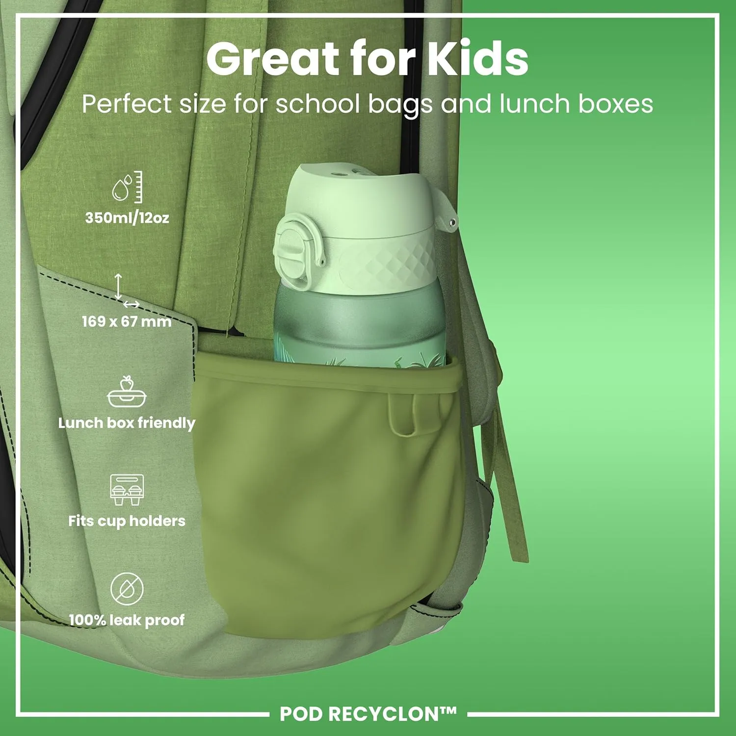 Ion8 Small Water Bottle, 350 ml/12 oz, Leak Proof, Easy to Open, Secure Lock, Dishwasher Safe, BPA Free, Carry Handle, Hygienic Flip Cover, Easy Clean, Odor Free, Carbon Neutral, Green, Pandas Design