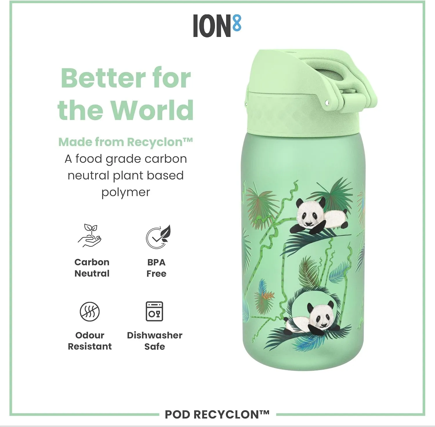 Ion8 Small Water Bottle, 350 ml/12 oz, Leak Proof, Easy to Open, Secure Lock, Dishwasher Safe, BPA Free, Carry Handle, Hygienic Flip Cover, Easy Clean, Odor Free, Carbon Neutral, Green, Pandas Design
