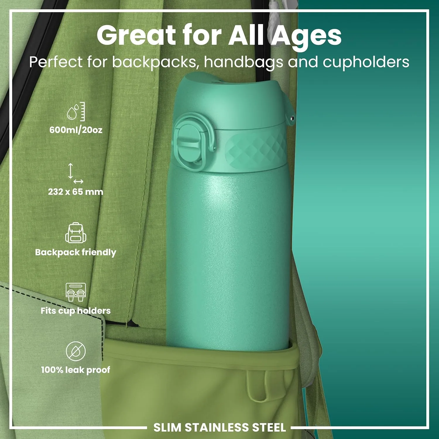 ION8 Steel Water Bottle, 600 ml/20 oz, Leak Proof, Easy to Open, Secure Lock, Dishwasher Safe, Flip Cover, Fits Cup Holders, Carry Handle, Durable, Scratch Resistant, Carbon Neutral, Teal Green
