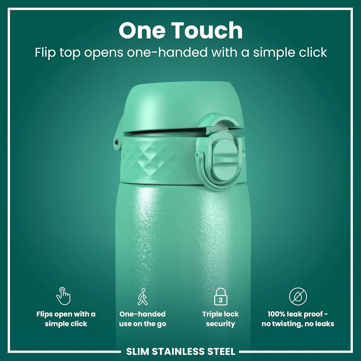 ION8 Steel Water Bottle, 600 ml/20 oz, Leak Proof, Easy to Open, Secure Lock, Dishwasher Safe, Flip Cover, Fits Cup Holders, Carry Handle, Durable, Scratch Resistant, Carbon Neutral, Teal Green