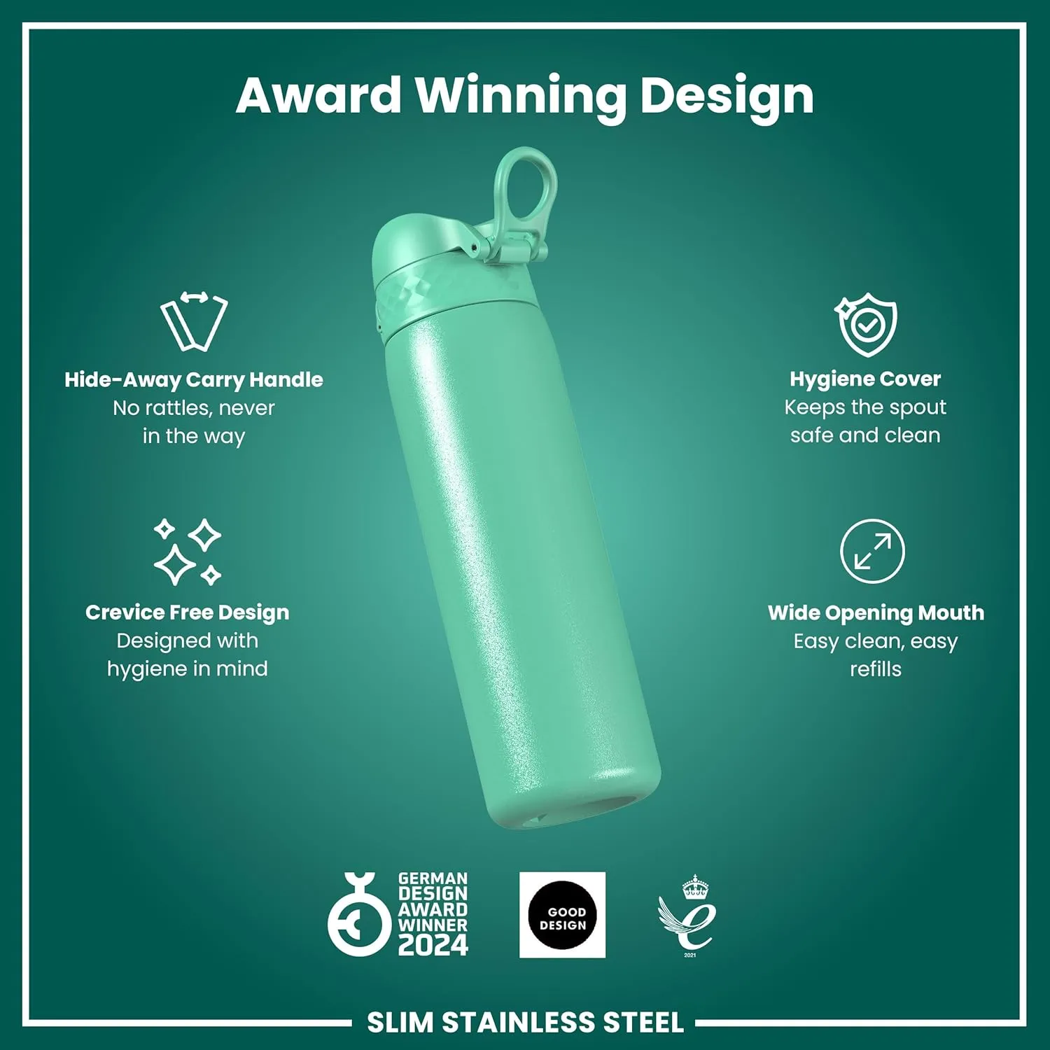 ION8 Steel Water Bottle, 600 ml/20 oz, Leak Proof, Easy to Open, Secure Lock, Dishwasher Safe, Flip Cover, Fits Cup Holders, Carry Handle, Durable, Scratch Resistant, Carbon Neutral, Teal Green