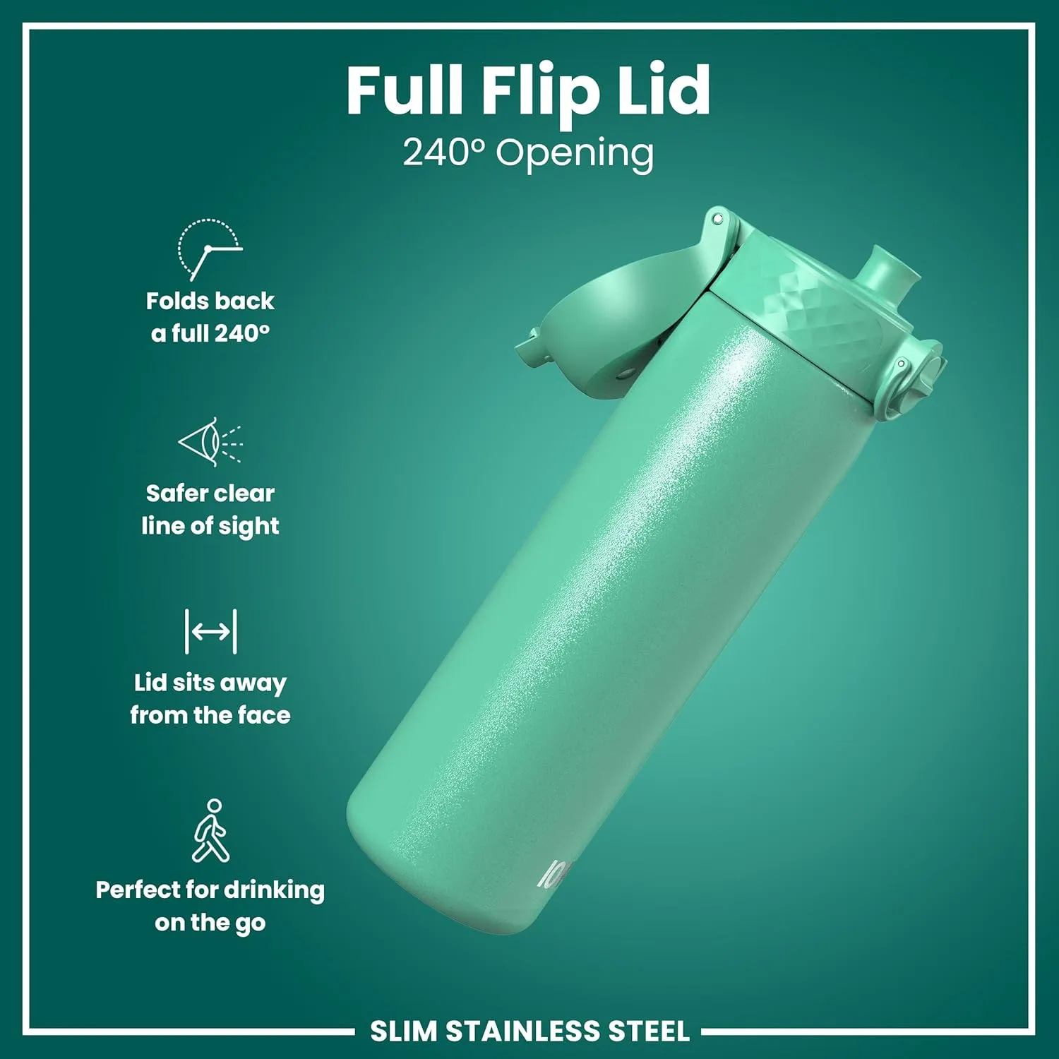 ION8 Steel Water Bottle, 600 ml/20 oz, Leak Proof, Easy to Open, Secure Lock, Dishwasher Safe, Flip Cover, Fits Cup Holders, Carry Handle, Durable, Scratch Resistant, Carbon Neutral, Teal Green