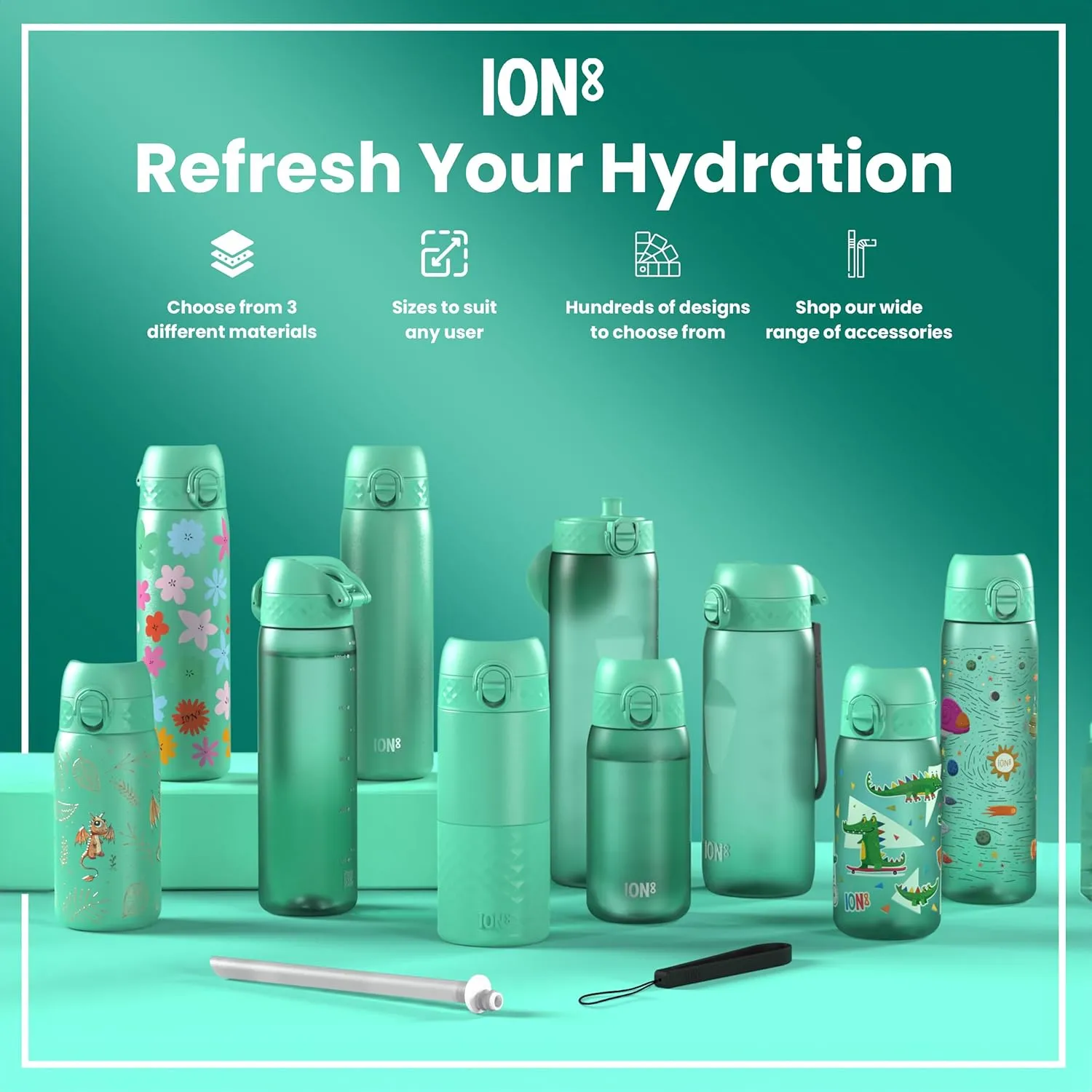 ION8 Steel Water Bottle, 600 ml/20 oz, Leak Proof, Easy to Open, Secure Lock, Dishwasher Safe, Flip Cover, Fits Cup Holders, Carry Handle, Durable, Scratch Resistant, Carbon Neutral, Teal Green
