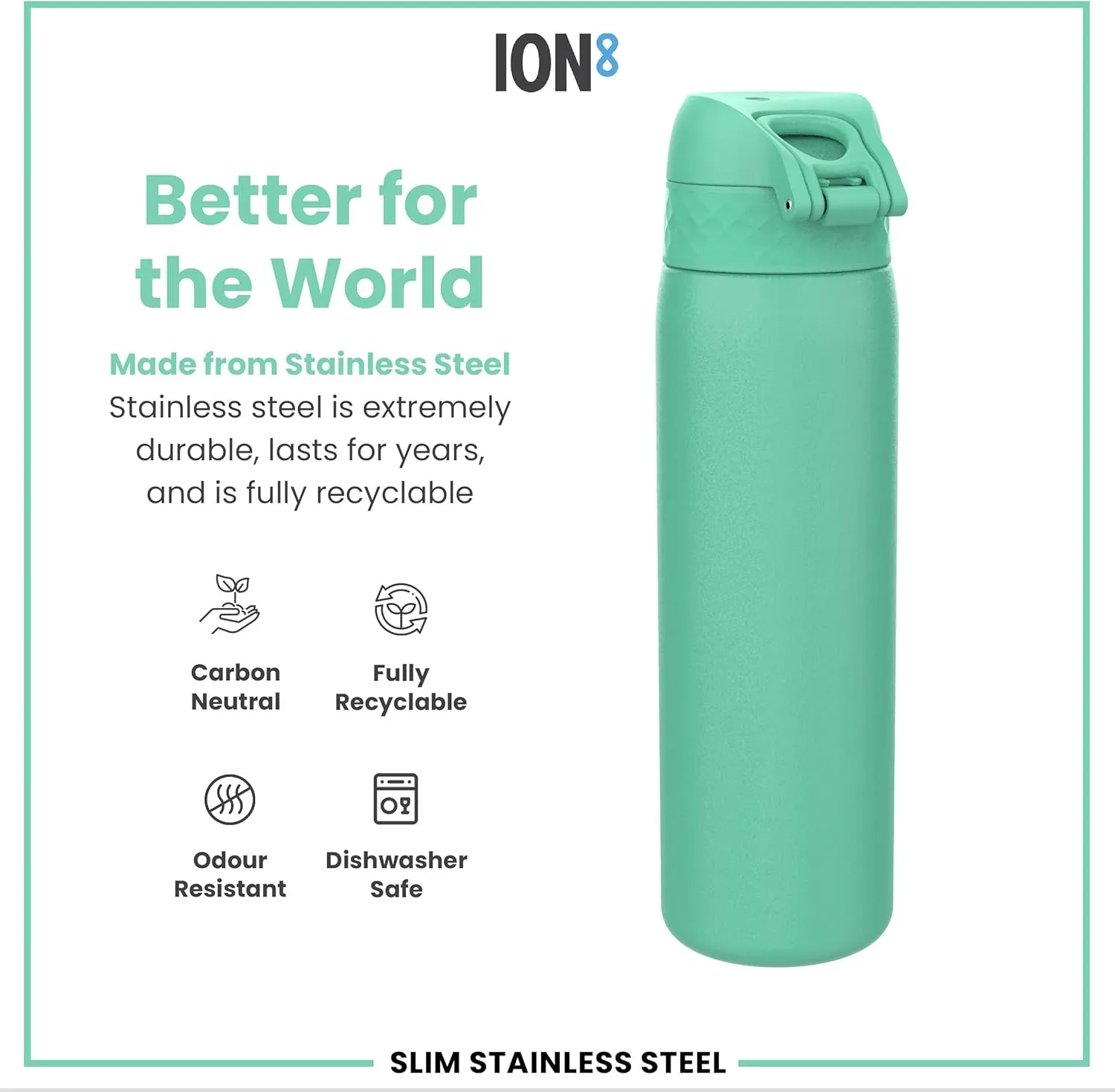 ION8 Steel Water Bottle, 600 ml/20 oz, Leak Proof, Easy to Open, Secure Lock, Dishwasher Safe, Flip Cover, Fits Cup Holders, Carry Handle, Durable, Scratch Resistant, Carbon Neutral, Teal Green