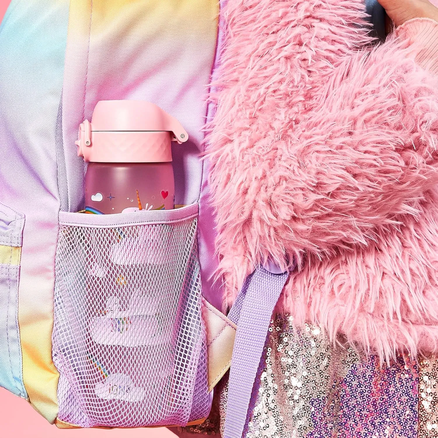 Ion8 Water Bottle, 500 ml/18 oz, Leak Proof, Easy to Open, Secure Lock, Dishwasher Safe, BPA Free, Flip Cover, Carry Handle, Easy Clean, Odor Free, Carbon Neutral, Pink, Unicorn Rainbows Design
