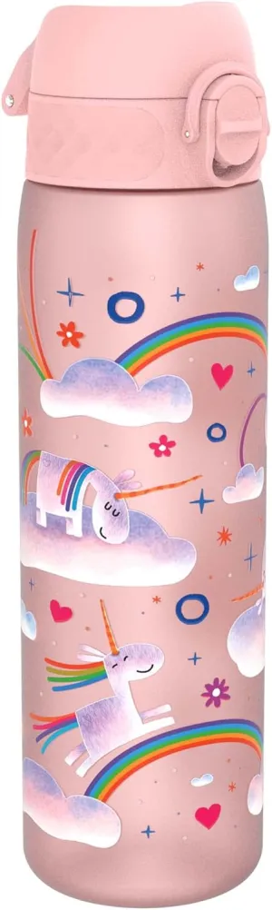 Ion8 Water Bottle, 500 ml/18 oz, Leak Proof, Easy to Open, Secure Lock, Dishwasher Safe, BPA Free, Flip Cover, Carry Handle, Easy Clean, Odor Free, Carbon Neutral, Pink, Unicorn Rainbows Design