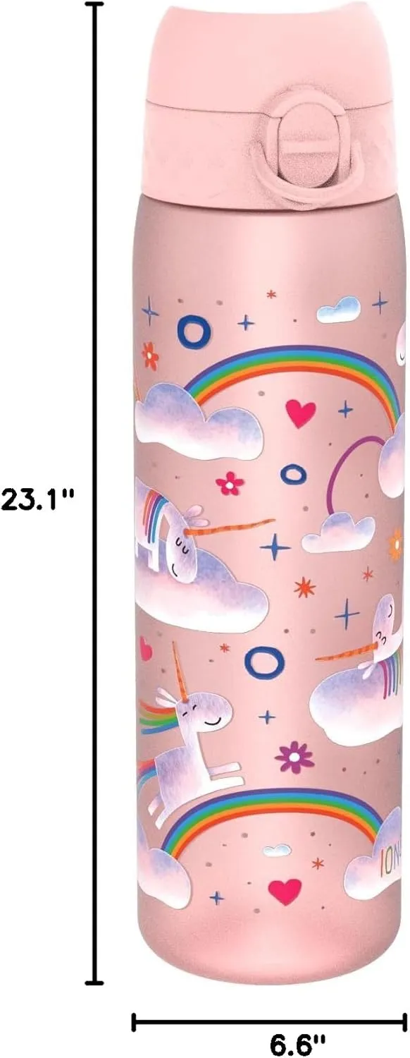 Ion8 Water Bottle, 500 ml/18 oz, Leak Proof, Easy to Open, Secure Lock, Dishwasher Safe, BPA Free, Flip Cover, Carry Handle, Easy Clean, Odor Free, Carbon Neutral, Pink, Unicorn Rainbows Design