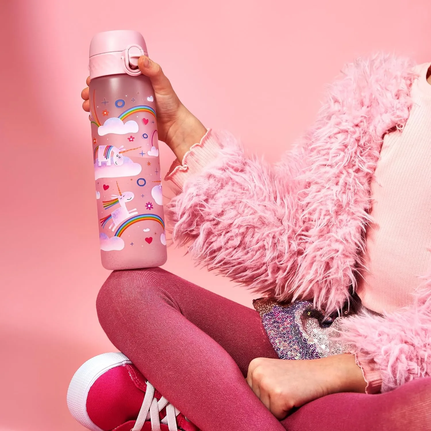 Ion8 Water Bottle, 500 ml/18 oz, Leak Proof, Easy to Open, Secure Lock, Dishwasher Safe, BPA Free, Flip Cover, Carry Handle, Easy Clean, Odor Free, Carbon Neutral, Pink, Unicorn Rainbows Design