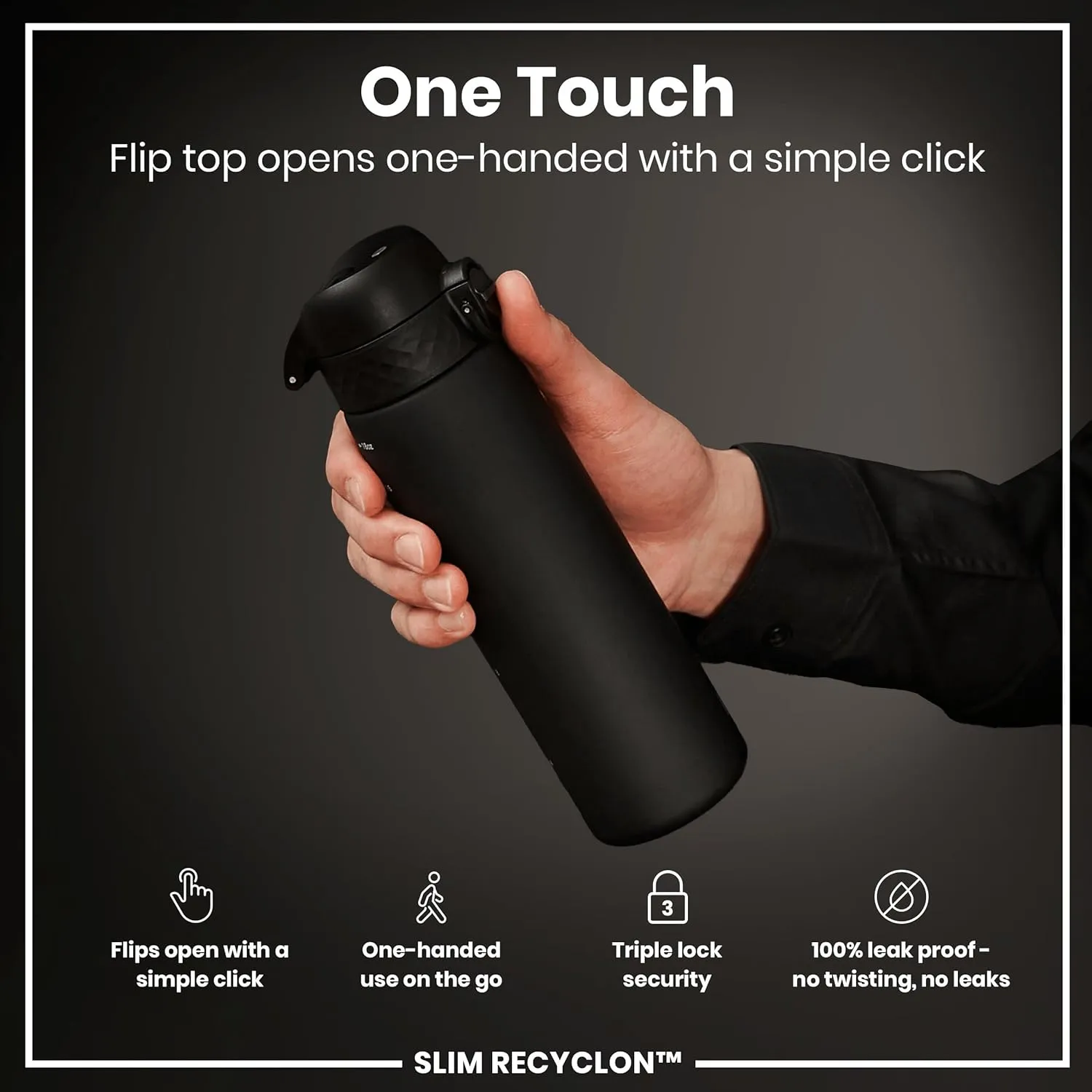Ion8 Water Bottle, 500 ml/18 oz, Leak Proof, Easy to Open, Secure Lock, Dishwasher Safe, BPA Free, Hygienic Flip Cover, Carry Handle, Fits Cup Holders, Easy Clean, Odor Free, Carbon Neutral