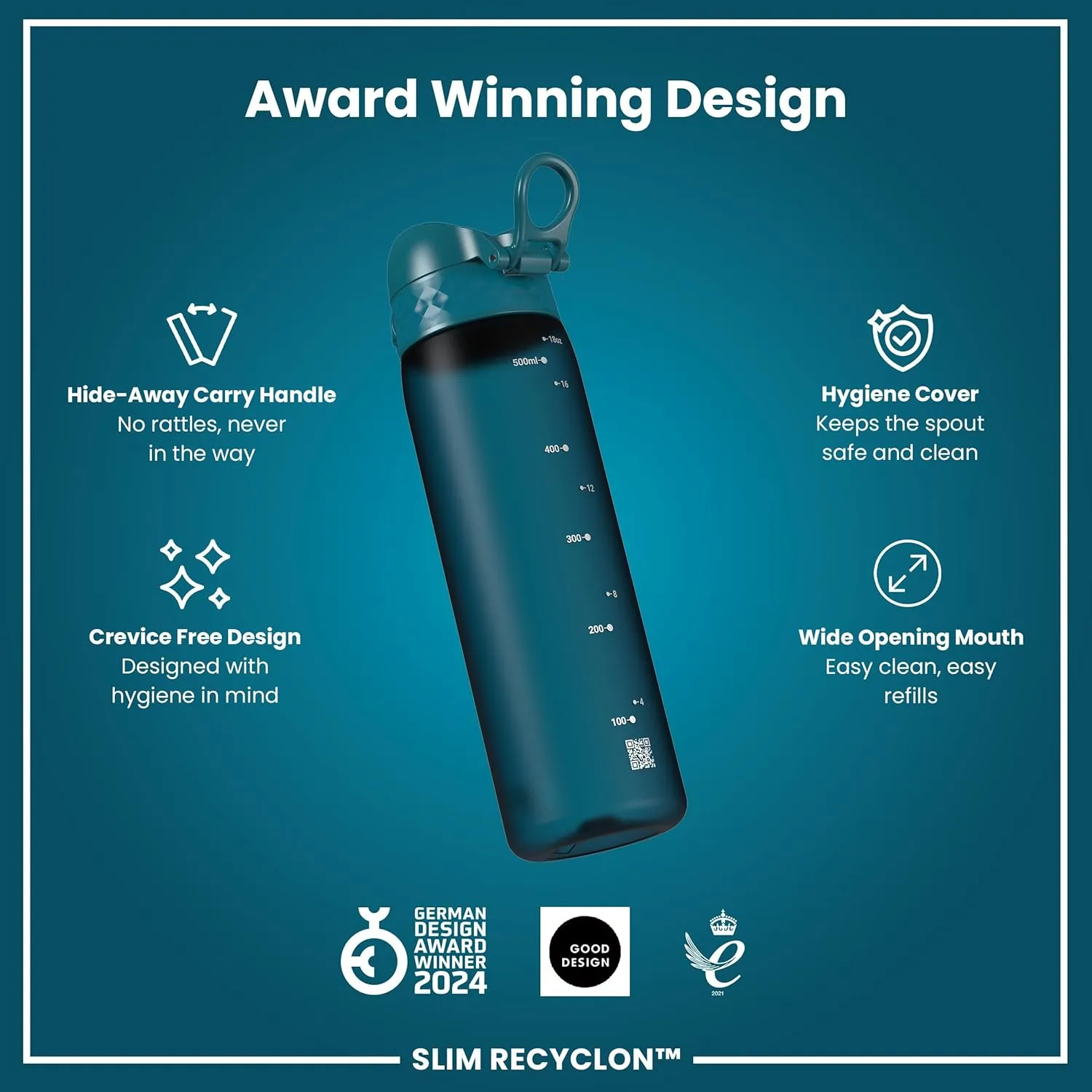 Ion8 Water Bottle, 500 ml/18 oz, Leak Proof, Easy to Open, Secure Lock, Dishwasher Safe, BPA Free, Hygienic Flip Cover, Carry Handle, Fits Cup Holders, Easy Clean, Odor Free, Carbon Neutral
