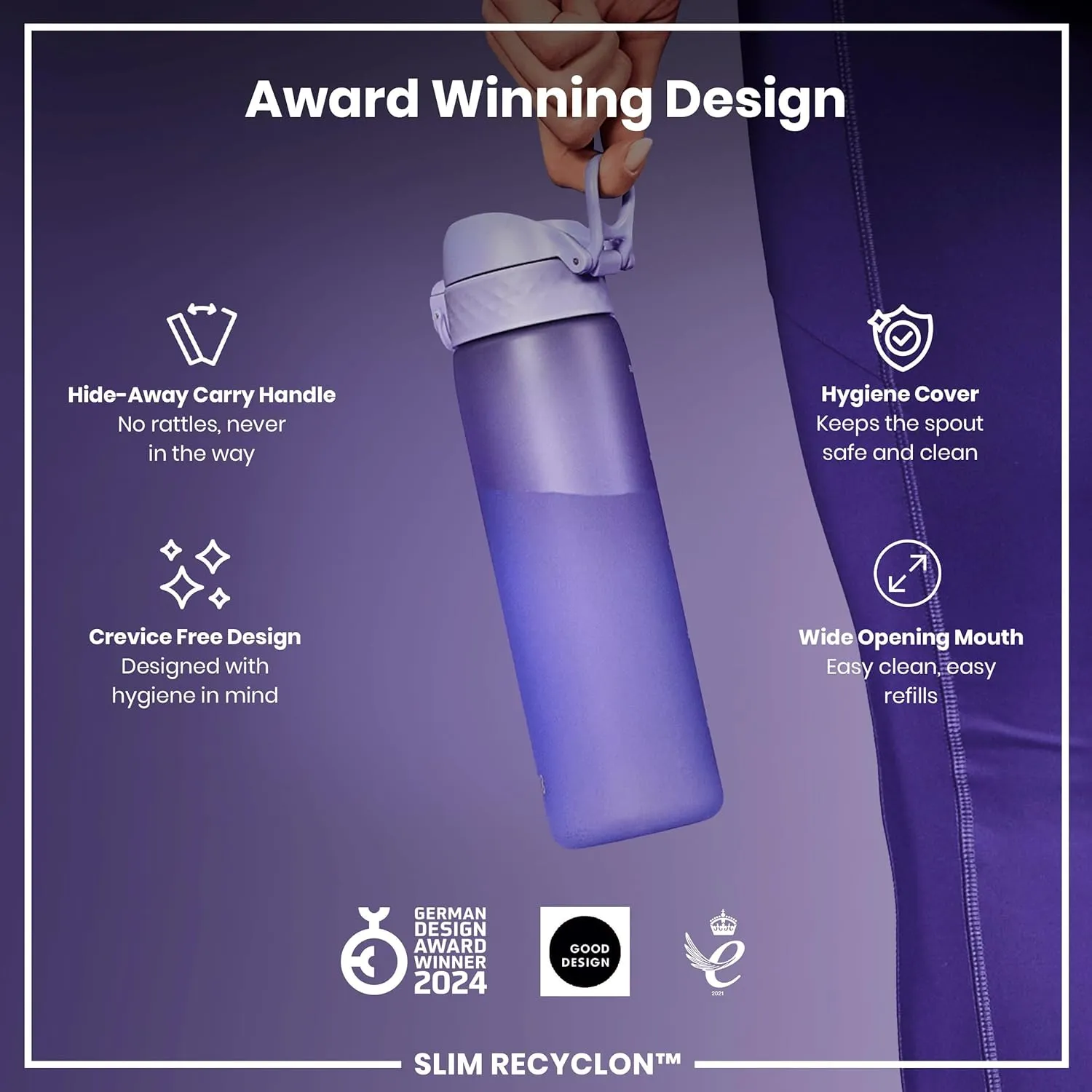 Ion8 Water Bottle, 500 ml/18 oz, Leak Proof, Easy to Open, Secure Lock, Dishwasher Safe, BPA Free, Hygienic Flip Cover, Carry Handle, Fits Cup Holders, Easy Clean, Odor Free, Carbon Neutral