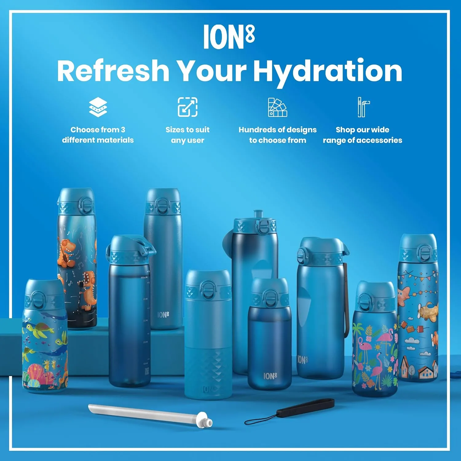 Ion8 Water Bottle, 500 ml/18 oz, Leak Proof, Easy to Open, Secure Lock, Dishwasher Safe, BPA Free, Hygienic Flip Cover, Carry Handle, Fits Cup Holders, Easy Clean, Odor Free, Carbon Neutral