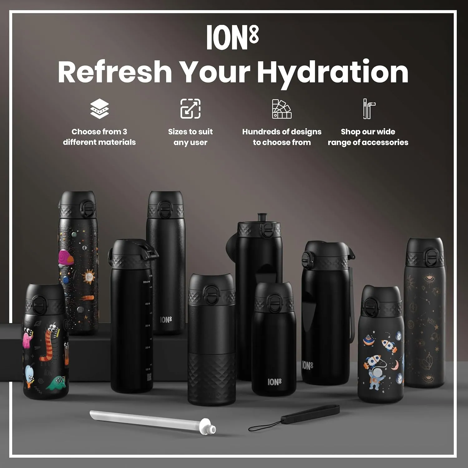 Ion8 Water Bottle, 500 ml/18 oz, Leak Proof, Easy to Open, Secure Lock, Dishwasher Safe, BPA Free, Hygienic Flip Cover, Carry Handle, Fits Cup Holders, Easy Clean, Odor Free, Carbon Neutral